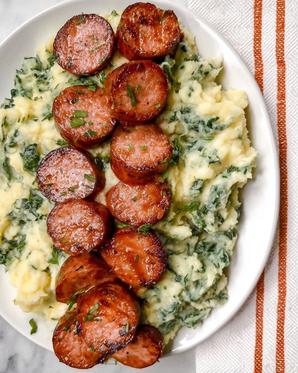 The image shows a white plate with two layers. The bottom layer is mashed potatoes mixed with green herbs, giving it a creamy texture with green specks. On top, there is a neat row of thick, browned sausage slices, each with a shiny, browned surface and a light reddish-brown color inside. The plate is set on a white marbled surface with a white cloth featuring orange stripes on the right side. photo taken with an iphone --ar 4:5 --v 7