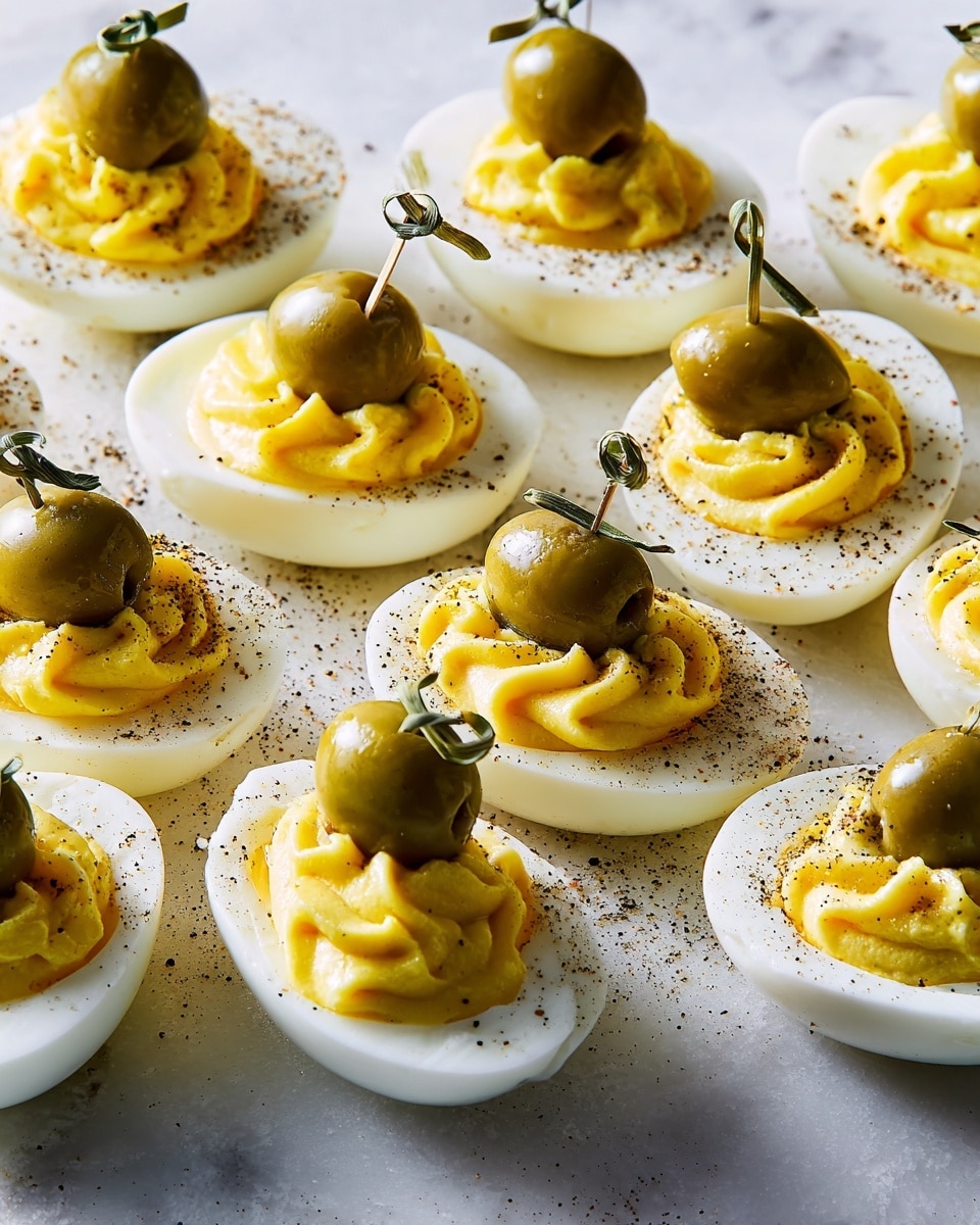 The image shows several deviled eggs arranged closely on a white marbled surface. Each egg is cut in half with smooth, shiny white egg white at the base, topped with a bright yellow creamy yolk mixture that is slightly swirled and fluffy in texture. A green olive is skewered with a toothpick and placed on top of the yolk, with a small bit of green herb tied to one end of the toothpick. The eggs are sprinkled with cracked black pepper, adding small dark specks across the whole dish. The lighting highlights the fresh and glossy textures of the eggs and olives. photo taken with an iphone --ar 4:5 --v 7