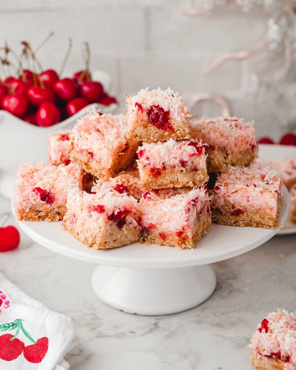 A white cake stand holds a pile of square cherry coconut bars, each with two main layers: a light brown crumbly base and a thick, creamy pale pink coconut topping studded with bright red cherry pieces, giving a textured and fruity look. The bars are arranged unevenly, some leaning on others, showing the rough edges of the crumb base and the soft, slightly toasted coconut layer on top. In the background, a white bowl filled with bright red cherries and a white cloth with red cherry prints sit on a white marbled surface, enhancing the fresh and colorful presentation. Photo taken with an iphone --ar 4:5 --v 7