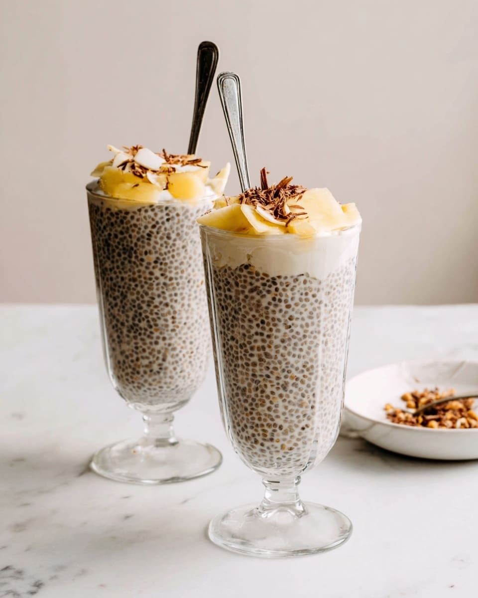 Two tall clear glasses filled with creamy chia pudding, showing a thick layer of tiny, dark chia seeds mixed evenly throughout a beige base. On top of each pudding layer, there is a topping of light yellow slices and shreds, adding texture and color contrast, along with fine brown shavings scattered over the top. Each glass has a long silver spoon standing upright inside. The glassware rests on a white marbled surface with a small white bowl and a plate of brown bits blurred gently in the background. photo taken with an iphone --ar 4:5 --v 7