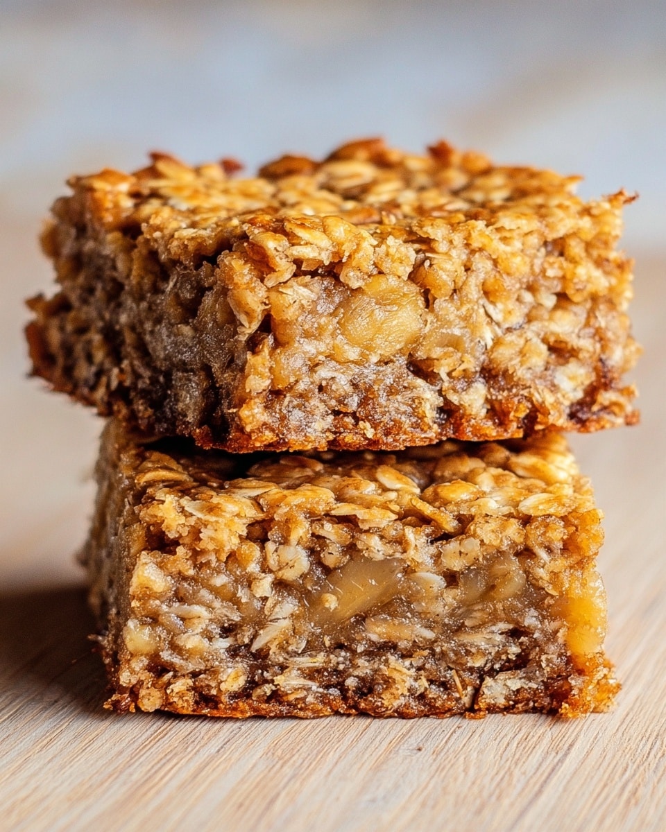 The image shows two square oatmeal bars stacked on top of each other on a light wooden surface with a white marbled texture in the background. Each bar has two visible layers: the top layer is golden brown and looks crispy with visible oats, while the bottom layer is chewy and dense, showing chunks of banana and a moist, slightly sticky texture with a mix of light tan and darker brown spots. The bars have crumbly edges and a textured surface that shows the oats and banana pieces clearly. Photo taken with an iphone --ar 4:5 --v 7