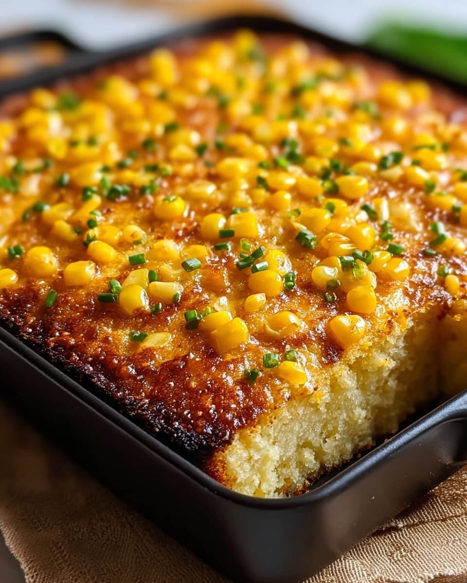 A close-up of a baked cornbread in a black square pan, showing three main visible layers: the bottom layer is golden and crispy with a browned, slightly dark crust around the edges; the middle layer is soft and light yellow with a moist texture; the top layer is covered with bright yellow corn kernels scattered evenly, and sprinkled with small pieces of fresh green chives that add a pop of color. The surface of the cornbread has a shiny, slightly oily finish, emphasizing its rich, baked texture. The pan sits on a light brown cloth on a white marbled texture background, and warm light highlights the dish's appetizing details. photo taken with an iphone --ar 4:5 --v 7