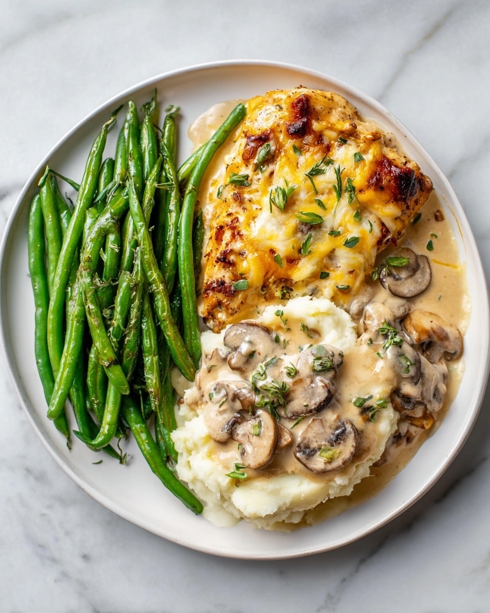 A white plate holds a meal with three main parts arranged side by side. On the left, there is a pile of bright green roasted green beans with some slightly charred spots showing texture and shine. In the center and right of the plate are two servings covered in creamy mushroom sauce. The center serving looks like a piece of chicken breast covered with a melted golden-yellow and white cheese layer with visible mushrooms and green herb pieces sprinkled on top. The right serving is mashed potatoes topped with creamy mushroom sauce, where the sauce has a light beige color with slices of mushrooms and more green herbs scattered over. The entire plate sits on a white marbled texture surface. photo taken with an iphone --ar 4:5 --v 7