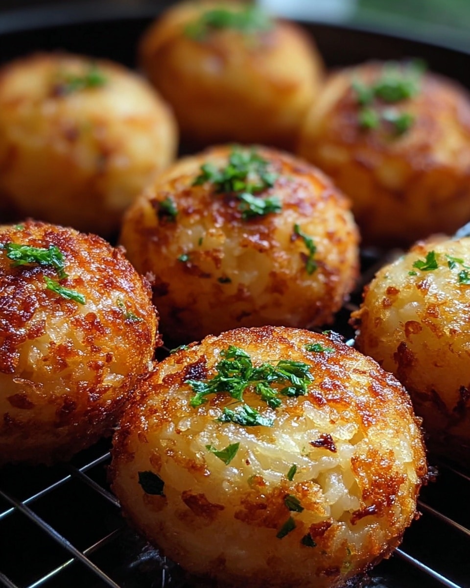The image shows a close-up of golden-brown, crispy rice balls arranged in two rows on a black wire rack. Each rice ball is round with a crunchy texture on the outside, featuring small green bits of chopped herbs scattered on top and within the surface. The rice grains are clearly visible, tightly packed but not smooth, with some areas darker from the crisp frying. The background is softly blurred, emphasizing the warm, crispy appearance and fresh herb garnish of the rice balls. Photo taken with an iphone --ar 4:5 --v 7