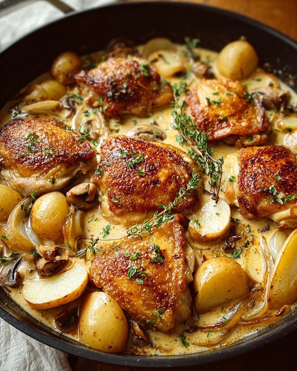 A close-up of a black frying pan filled with six golden-brown, crispy chicken thighs arranged evenly in creamy sauce; around the chicken, there are slices of cooked potatoes with a light brown edge, caramelized onion wedges, and small sautéed mushrooms, garnished with fresh thyme sprigs on top, all resting on a white marbled texture surface. photo taken with an iphone --ar 4:5 --v 7