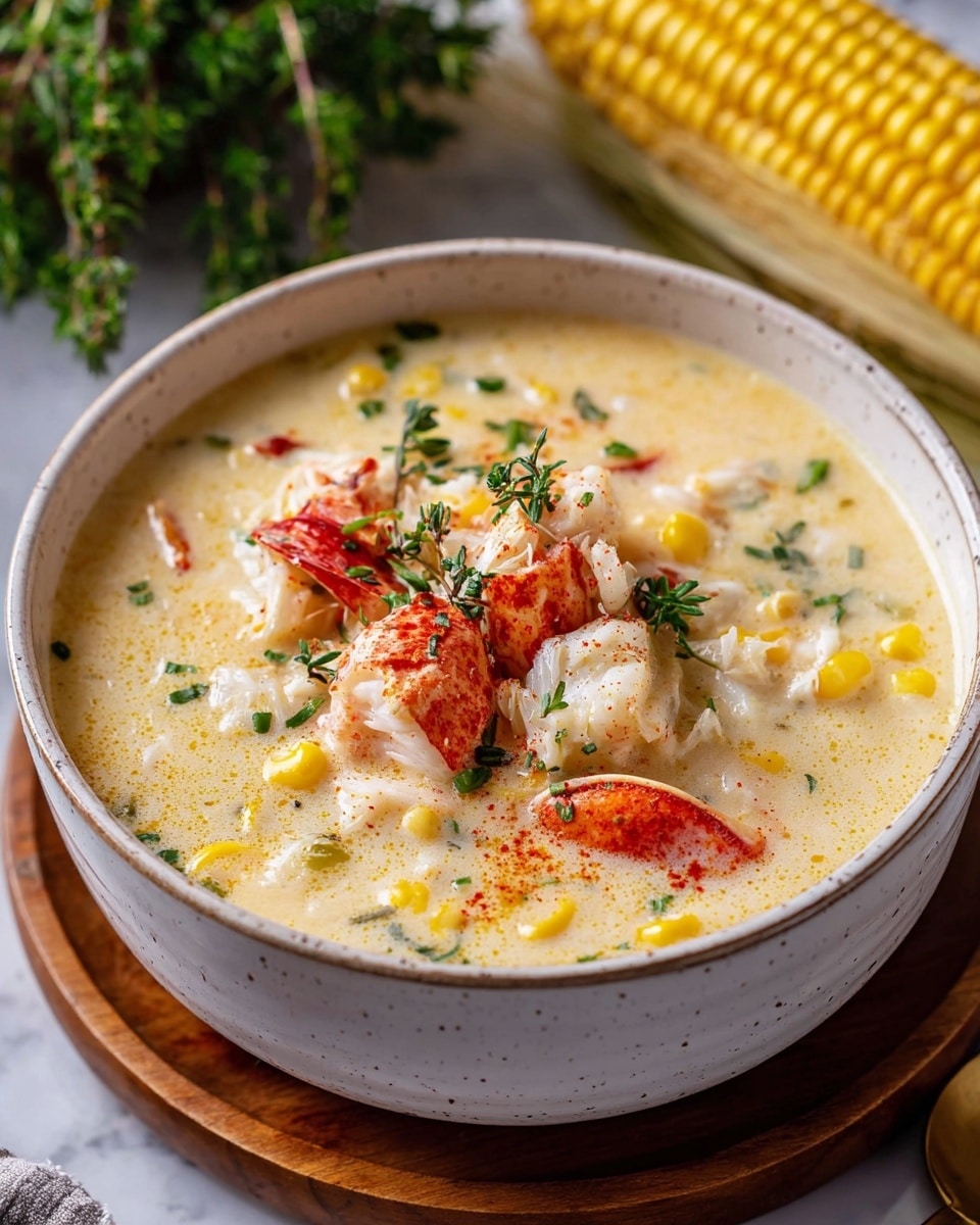 A creamy soup served in a white bowl with a speckled rim, filled with a light yellow base mixed with small corn kernels scattered throughout. On top, there are chunks of white crab meat and reddish crab claws, garnished with finely chopped green herbs and a few small sprigs of thyme. Some light red powder, likely paprika, is sprinkled sparsely over the surface, adding a hint of color contrast. The bowl is placed on a wooden coaster, and in the background, there is a partly visible ear of corn and blurred green herbs, all set against a white marbled texture. Photo taken with an iphone --ar 4:5 --v 7