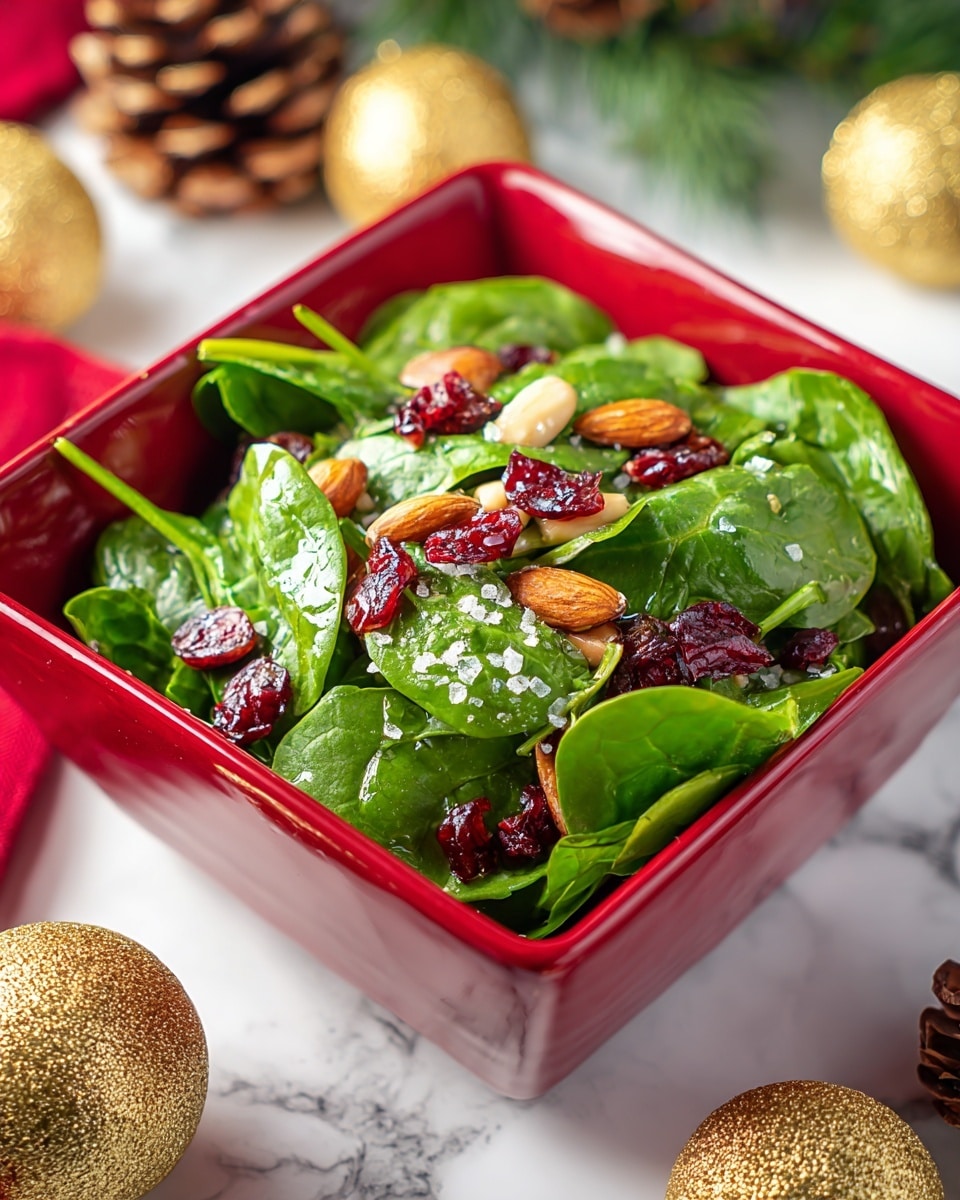 A bright red square bowl filled with fresh green spinach leaves as the main base layer, glossy with a light dressing. On top, scattered dried cranberries add a deep red color and a chewy texture. There are also mixed nuts, including whole almonds and slivered almonds, giving a brown and pale beige contrast. A light sprinkle of coarse salt crystals adds small white specks that sparkle. The bowl sits on a white marbled surface with pine cones, gold decorative balls, and greenery blurred softly in the background. photo taken with an iphone --ar 4:5 --v 7