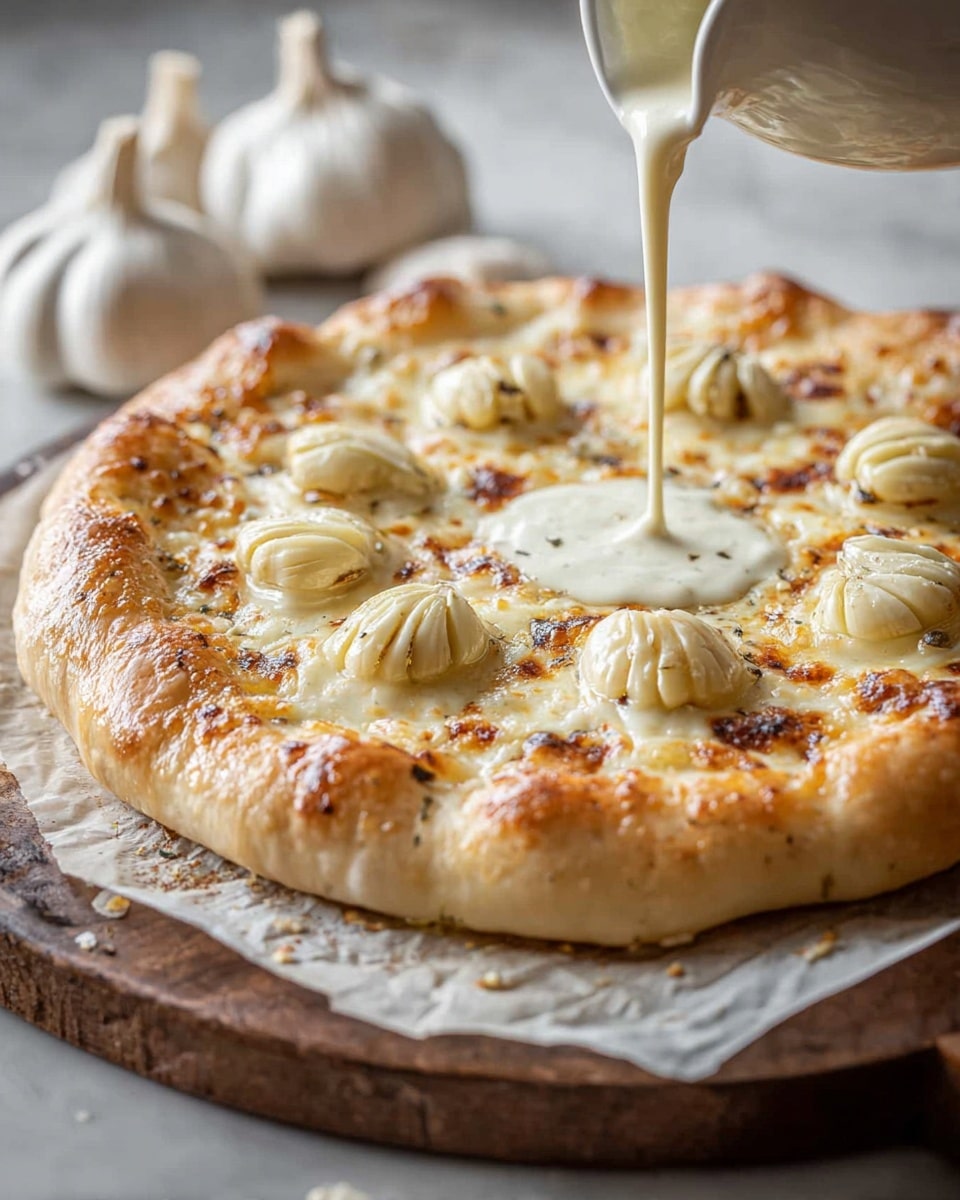 A thick, golden-baked pizza with a light, fluffy crust sits on white parchment paper over a wooden board resting on a white marbled surface. The pizza is topped with melted cheese that has small browned spots, and there are eight evenly spaced, plump garlic cloves on top, each carved with ridges for texture. In the center, creamy white sauce is being poured in a smooth stream from a white small jug, creating a small pool in the middle. Several whole garlic bulbs are blurred in the background. photo taken with an iphone --ar 4:5 --v 7