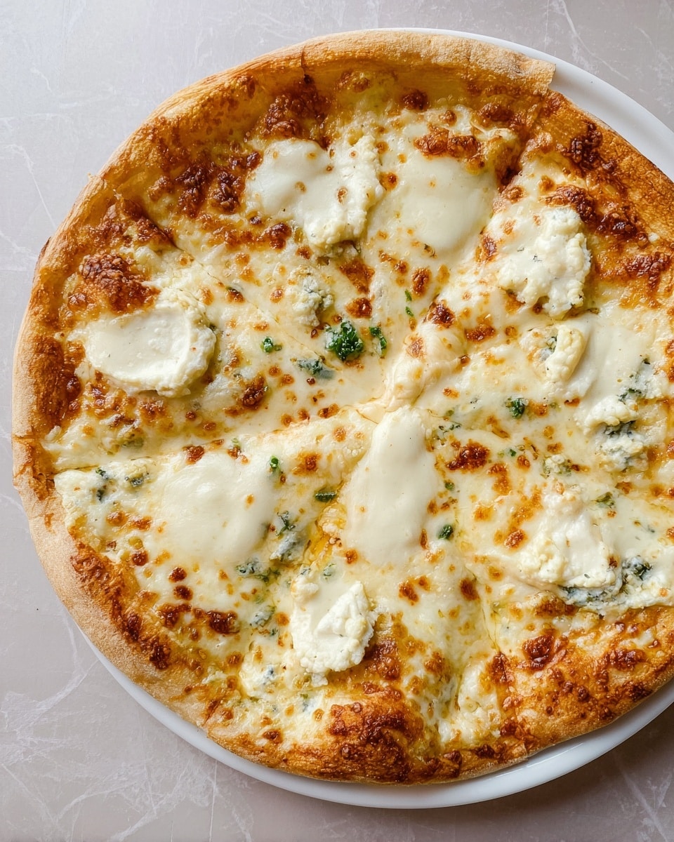 A round pizza with a thick, light golden crust sits on a white plate placed on a white marbled surface. The pizza is cut into six slices, topped with melted white cheese layers including smooth, creamy patches and bubbly areas showing light golden brown spots. Small dollops of a soft white cheese are scattered evenly over the surface, and some green herbs are visible under the cheese in irregular patches, adding subtle contrast. The textures vary from slightly browned, bubbly cheese to creamier, softer cheese spots, creating a rich look. Photo taken with an iphone --ar 4:5 --v 7