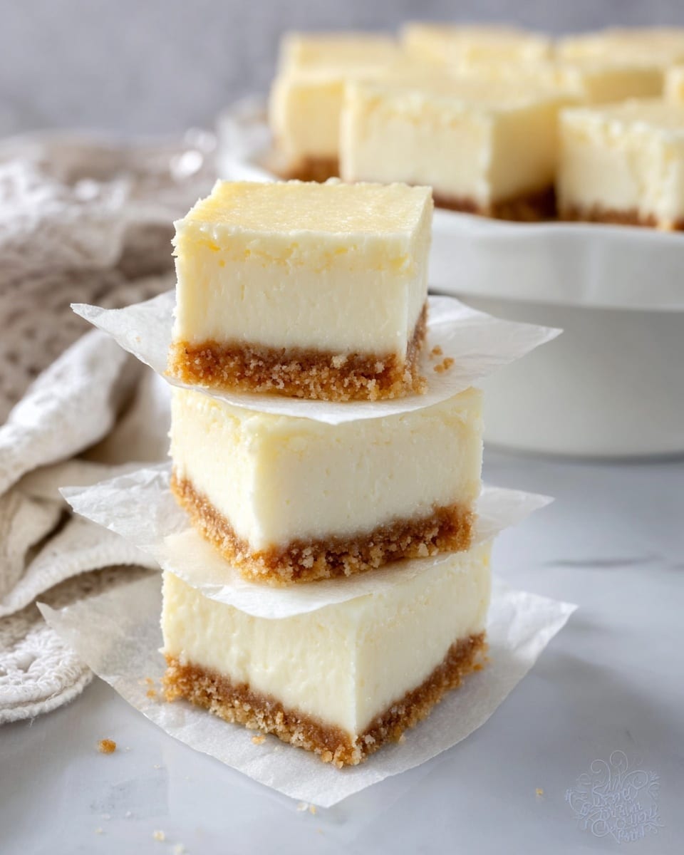 Three cheesecake squares are stacked vertically, each separated by a thin layer of translucent white parchment paper. Each square has two layers: a thick, creamy white cheese layer with a smooth and soft texture on top, and a crumbly light brown crust layer at the bottom. The stack sits on a white marbled surface. In the background, more cheesecake squares are placed on a white plate with a pedestal, also sitting on the white marbled surface. photo taken with an iphone --ar 4:5 --v 7