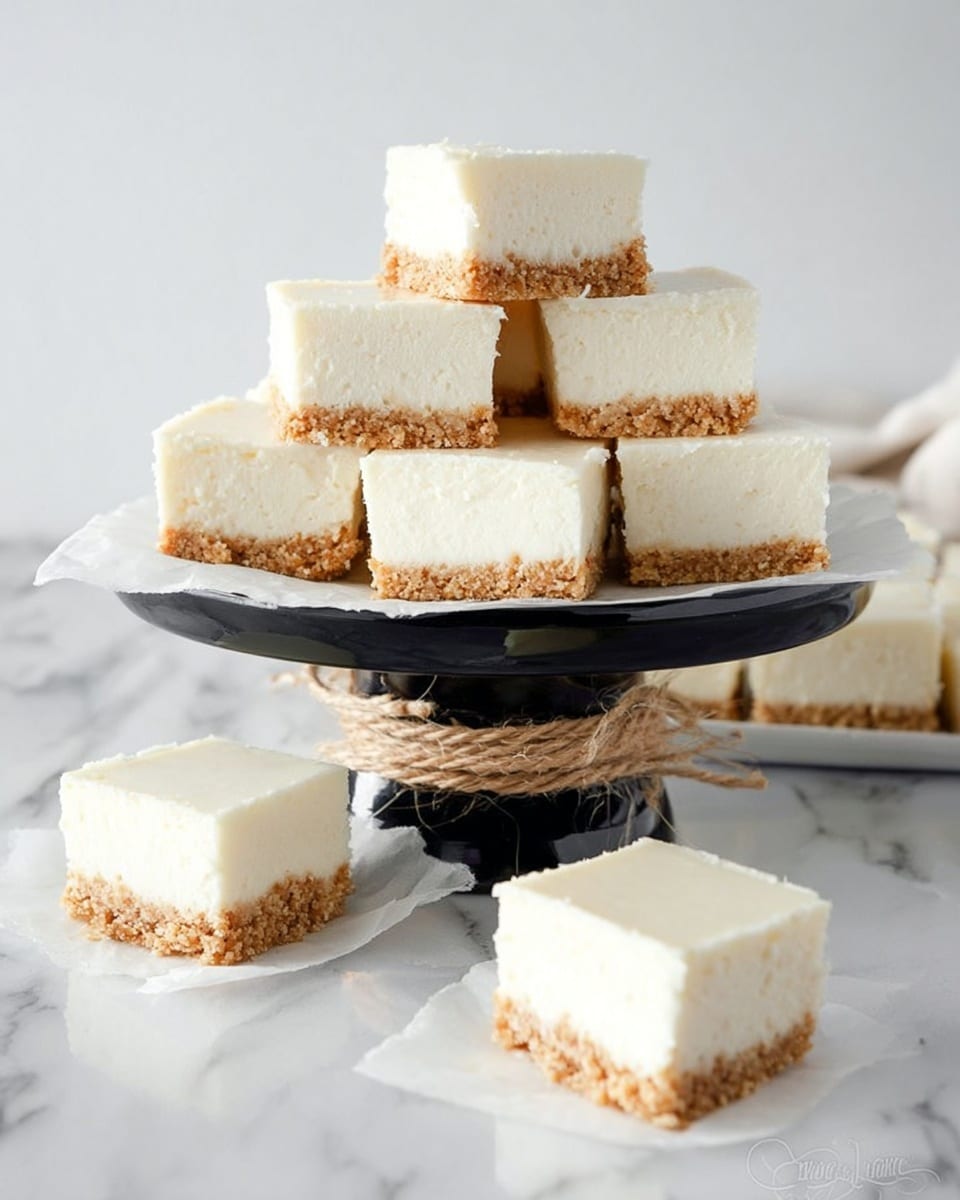 A stack of eight square cheesecake pieces placed on white parchment paper on a glossy black cake stand with twine wrapped around its stem, set on a white marbled surface. Each cheesecake piece has two layers: a thick, smooth, creamy white top layer and a thin, crumbly light brown crust at the bottom. Two additional cheesecake squares sit on white parchment paper on the white marbled surface in front of the cake stand, showing the same two-layer texture. The background is a soft, plain white. photo taken with an iphone --ar 4:5 --v 7
