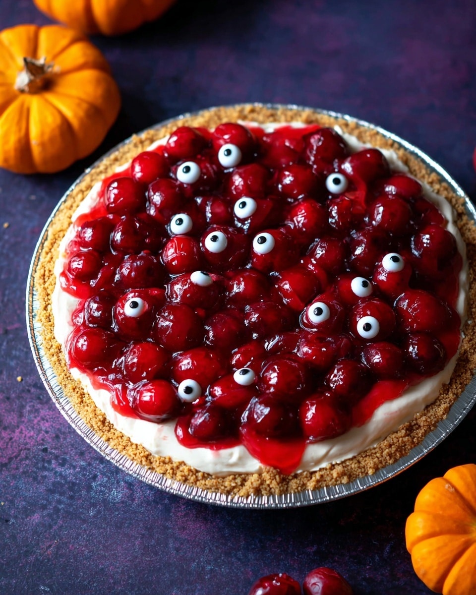 A round pie with a light brown crumb crust forms the base, topped with a thick, white creamy layer. On top of this is a glossy, bright red cherry sauce layer filled with whole cherries, some of which have small white edible eyeballs with black pupils scattered throughout. The pie is in a silver foil pie pan, placed on a dark purple surface, with small orange pumpkins nearby. Photo taken with an iphone --ar 4:5 --v 7