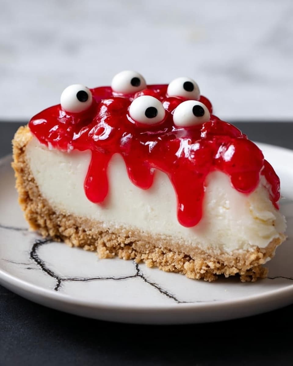 A slice of cheesecake with three clear layers: the bottom layer is a light brown crumbly crust, the middle layer is a thick, creamy white cheese filling with a smooth texture, and the top layer is a shiny, bright red strawberry sauce dripping down the sides. The sauce is decorated with five round white candy eyes with black centers placed in a row. The slice is placed on a white plate with a subtle black crackle pattern, set against a white marbled background. photo taken with an iphone --ar 4:5 --v 7