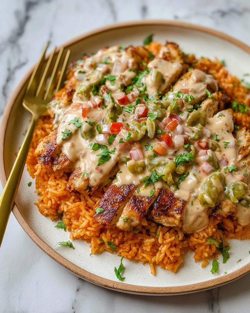 The dish has three layers on a white plate placed on a white marbled texture. The bottom layer is orange rice, fluffy and slightly loose in texture. The middle layer consists of pieces of grilled chicken, browned and crispy on the edges, arranged evenly over the rice. The top layer is a creamy sauce with a light beige color, mixed with small chunks of green, red, and white vegetables and herbs sprinkled on top. A gold fork is placed to the side of the plate. Photo taken with an iphone --ar 4:5 --v 7