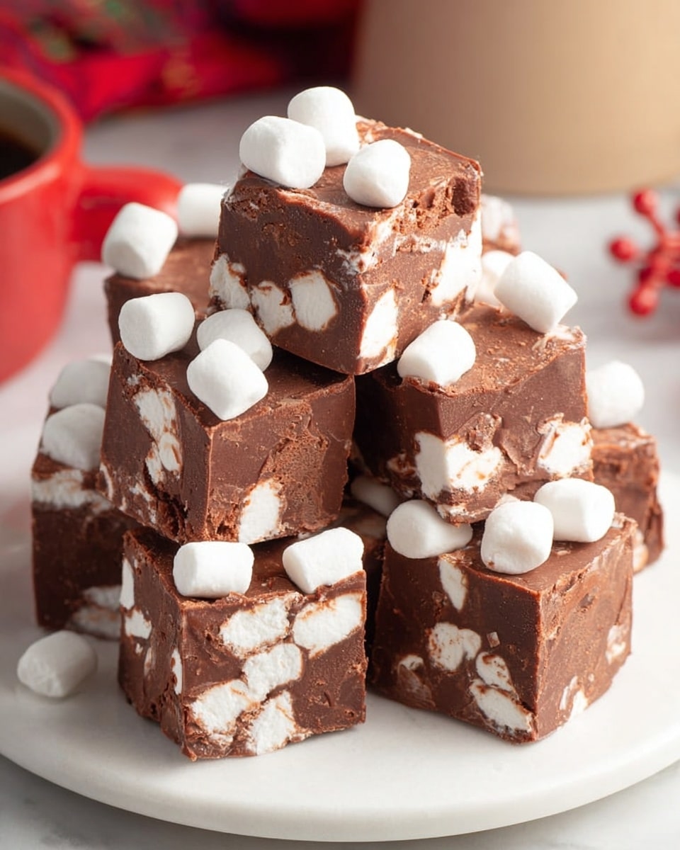 The image shows a stack of square chocolate fudge pieces on a white plate, each piece filled with white marshmallows inside and on top. The fudge has a smooth, rich brown color with a dense texture and is cut into equal-sized cubes. The white marshmallows are scattered unevenly inside the fudge, creating a contrast with the dark chocolate, while some marshmallows sit on the flat tops of the pieces, adding a fluffy appearance. The plate is placed on a white marbled surface, with a blurred background displaying red and beige tones. photo taken with an iphone --ar 4:5 --v 7