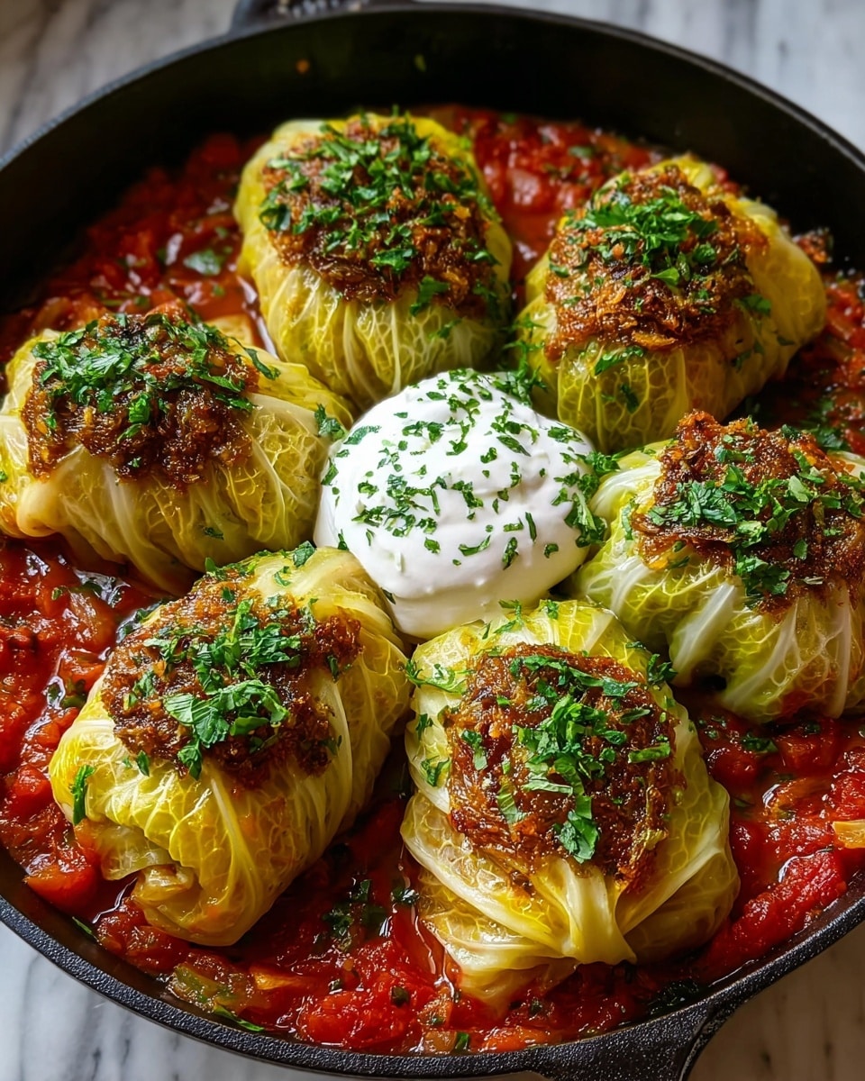 The image shows a black pan filled with five stuffed cabbage rolls arranged in a circular pattern. Each roll is light yellow with a slightly crispy, browned outer layer that reveals the cabbage texture, and they are topped with finely chopped fresh green herbs and a bit of browned seasoning. The rolls sit on a bed of bright red tomato-based sauce with visible chunks of tomatoes and herbs mixed in. In the center of the circle is a dollop of white cream or yogurt, sprinkled lightly with green herbs. The pan is placed on a white marbled surface. Photo taken with an iphone --ar 4:5 --v 7