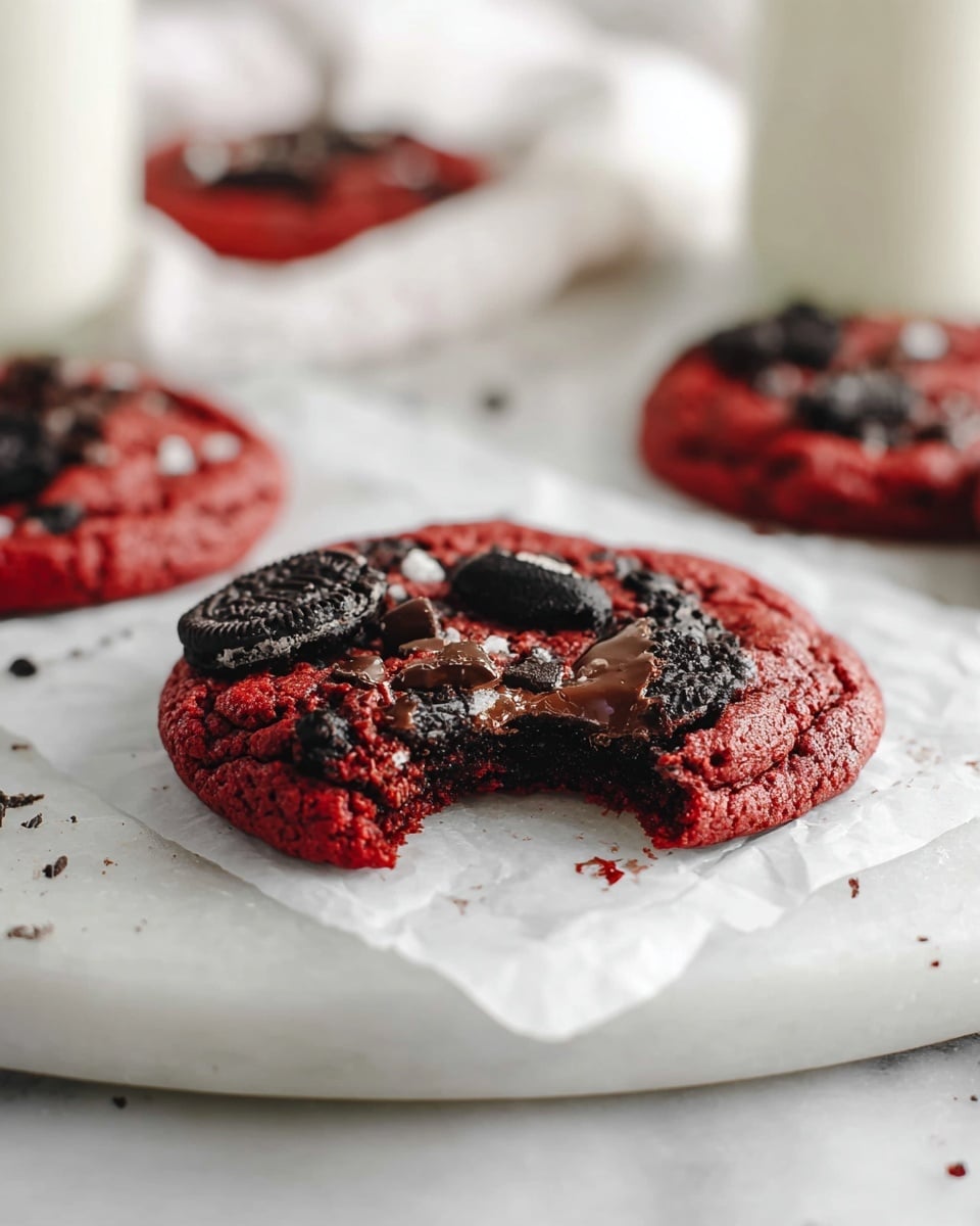 A single large red velvet cookie with dark brown Oreo cookie pieces and melted chocolate chunks scattered on top and inside. The cookie is thick, round, and slightly cracked, showing a soft, gooey texture inside with a bite taken out from the front left side. It rests on a white piece of parchment paper placed on a round white marble surface. In the background, blurred, there are more red velvet cookies, a glass jar of milk, and a white cloth. The overall color tone is warm and inviting with focus on the foreground cookie. photo taken with an iphone --ar 4:5 --v 7