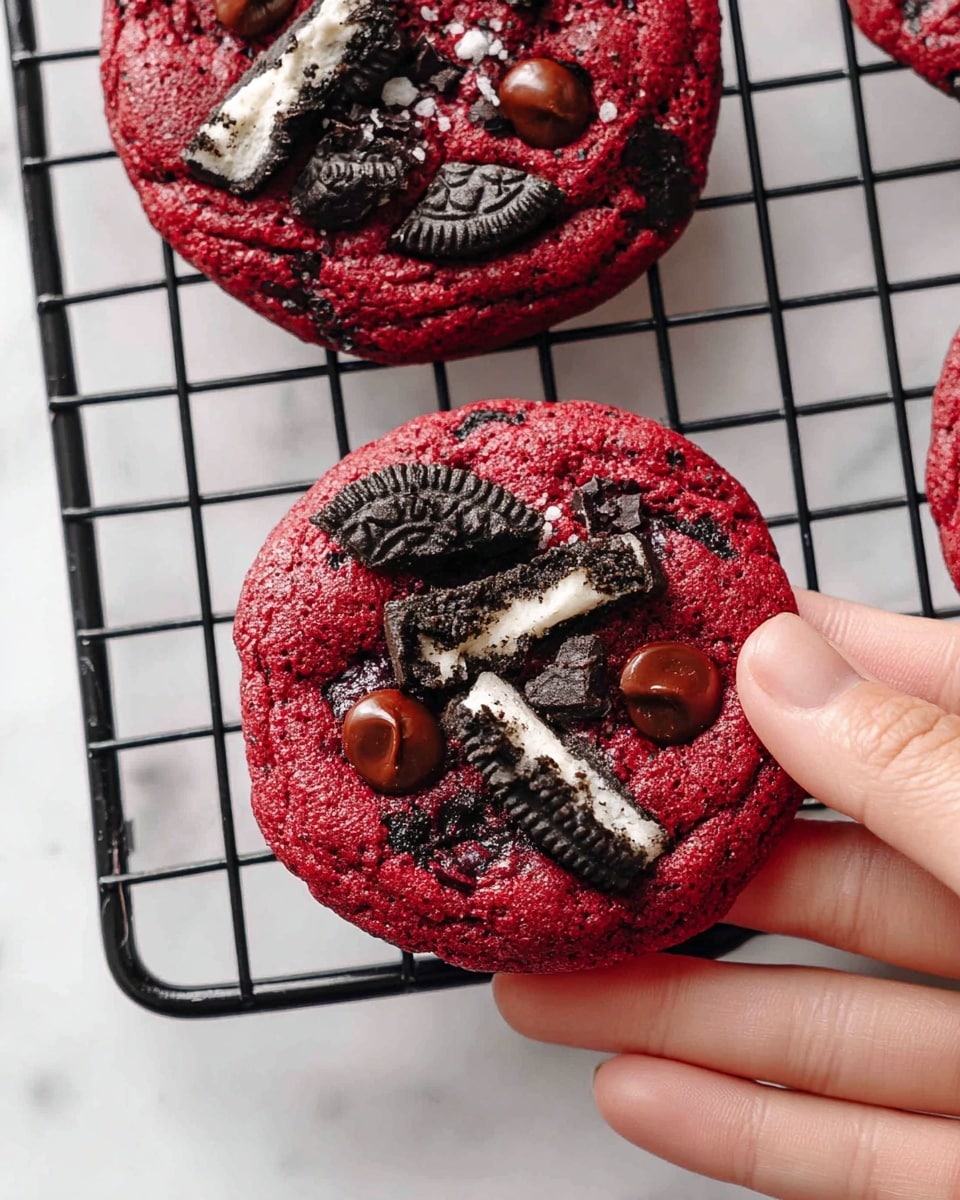 Two thick red velvet cookies are placed on a black cooling rack set against a white marbled texture. Each cookie is made with a deep red dough base that looks soft and slightly crumbly. Scattered on top are broken pieces of black and white sandwich cookies embedded in the dough, along with smooth, glossy brown chocolate chips. The cookie at the bottom right is being gently held by a woman's hand with light skin, pinching one small piece of the sandwich cookie. The cooling rack’s grid pattern contrasts with the white marbled texture beneath, making the vibrant red and dark brown colors pop. photo taken with an iphone --ar 4:5 --v 7