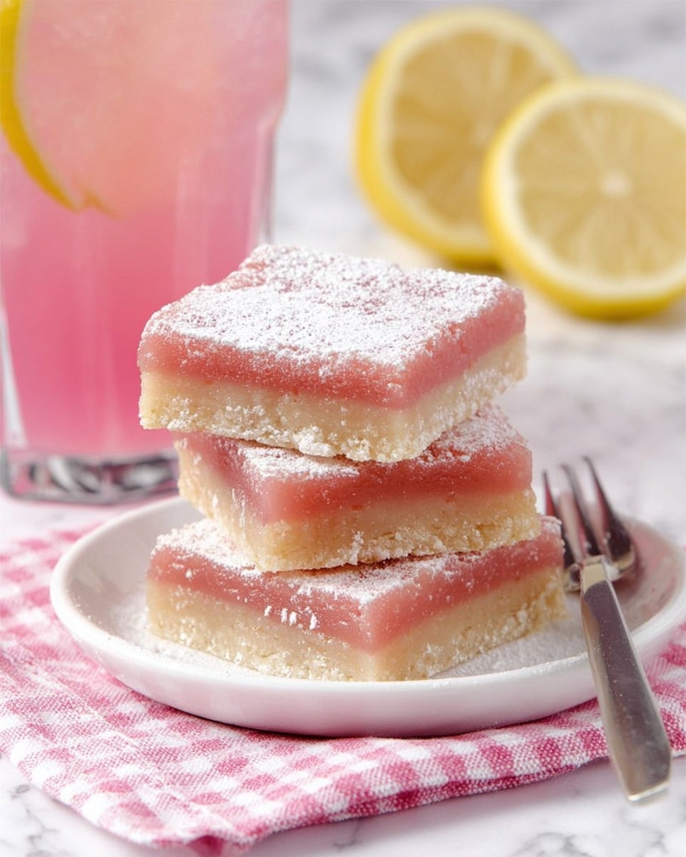 The image shows a stack of three lemon bars on a white plate, placed on a pink and white checkered cloth. Each lemon bar has two layers: a pale beige, crumbly base layer and a smooth, light pink lemon topping. The top of the bars is dusted with white powdered sugar. In the background, there is a glass with a pink drink and two halves of a yellow lemon on a white marbled texture. A silver fork is placed next to the plate. Photo taken with an iphone --ar 4:5 --v 7