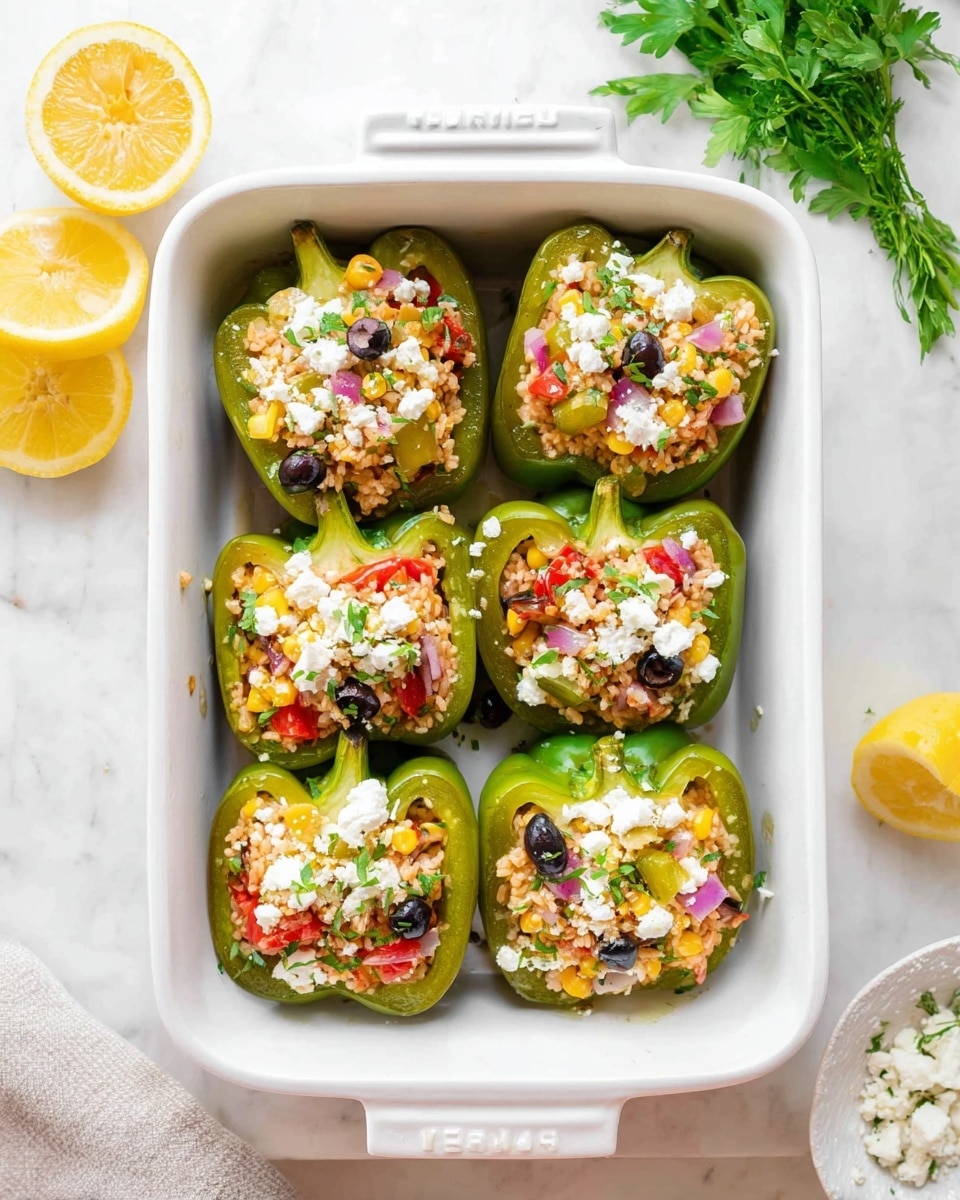 A white rectangular baking dish holds six halves of green bell peppers, each filled with a colorful mixture. The stuffed peppers have layers including a base of small grains or rice mixed with pieces of red onion, cherry tomatoes, yellow corn, and dark olives. On top, there are crumbled white cheese bits and small green herb sprigs scattered evenly. The dish is set on a white marbled surface with halved lemons on the side and fresh green herb sprigs nearby. The photo taken with an iphone --ar 4:5 --v 7