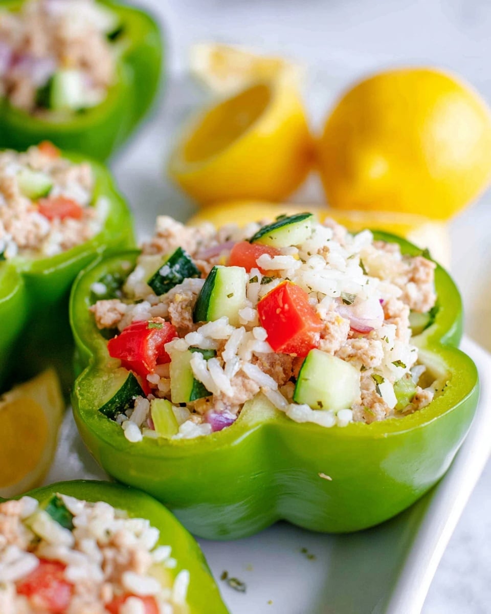 The image shows white bell pepper halves filled with a colorful mixture of cooked white rice, small red tomato pieces, light green diced zucchini, pale chunks of cooked ground meat, and bits of red onion, all nestled in the hollowed-out green pepper shells. The peppers rest on a white marbled surface with two lemon halves blurred in the background, adding a fresh vibe. The colors are bright and natural, with textures ranging from the smoothness of the pepper to the grainy rice and chunky vegetable and meat mix. Photo taken with an iphone --ar 4:5 --v 7