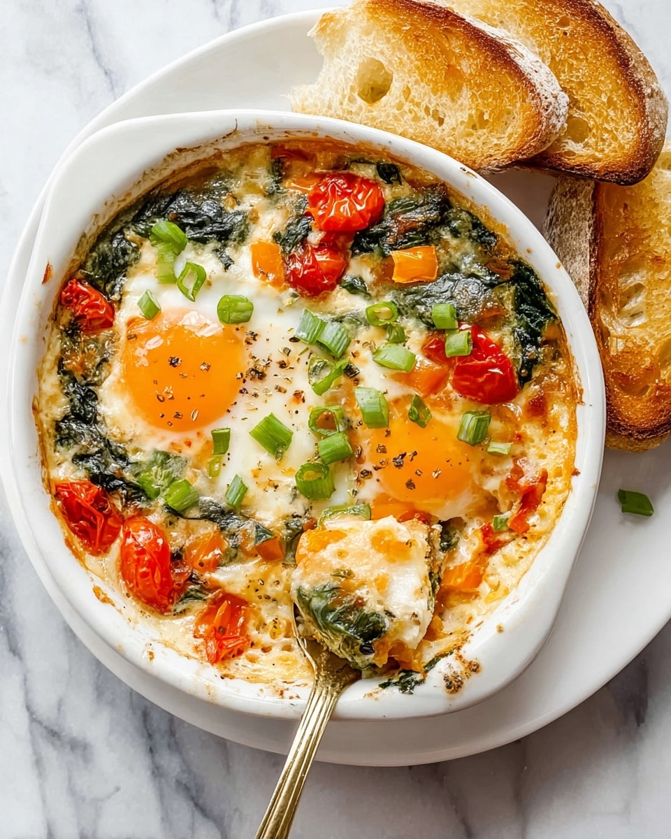 A white round baking dish filled with a baked egg dish showing two eggs with soft white edges and a bright orange yolk in the center. Surrounding the eggs are layers of cooked spinach leaves, halved red cherry tomatoes, diced orange bell peppers, and melted cheese that is creamy and slightly golden at the edges. The dish is topped with chopped green onions scattered on the surface. A gold spoon is scooping a portion from the right side, revealing a mix of ingredients underneath. The baking dish sits on a white plate with two pieces of golden toasted bread on the side. The background is a white marbled surface. photo taken with an iphone --ar 4:5 --v 7