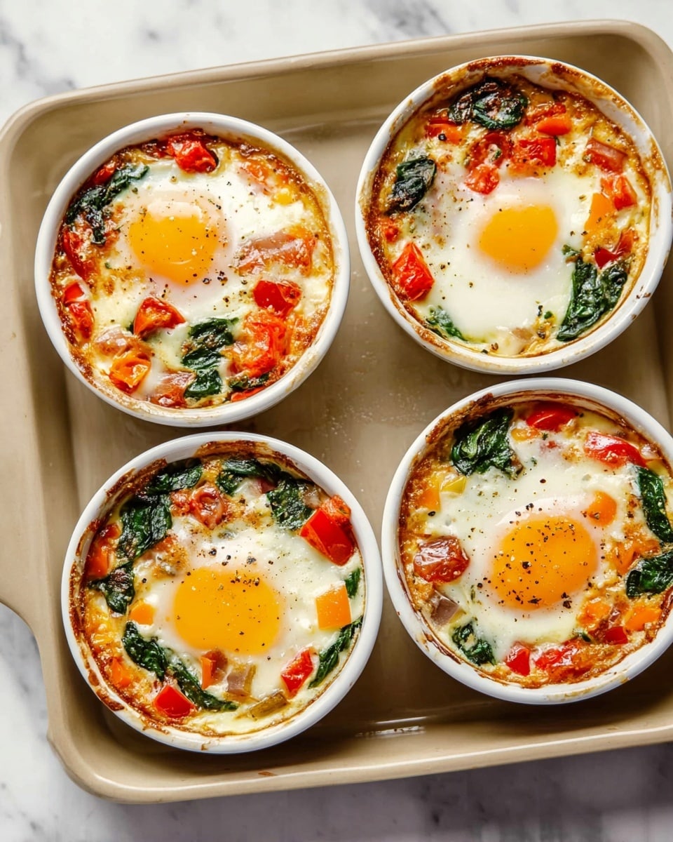 The image shows four white round ramekins placed inside a beige baking tray on a white marbled surface. Each ramekin has a baked egg in the center with a slightly runny yolk, surrounded by a colorful mix of ingredients. Around the egg, there are layers of wilted green spinach, bright red cherry tomatoes, and small pieces of orange and red bell peppers. The egg whites are cooked soft, blending into a creamy, slightly browned cheese and vegetable base with some browned edges where the mixture has baked against the ramekin. The colors of the vegetables and the eggs create a vibrant, warm, and fresh appearance. Photo taken with an iphone --ar 4:5 --v 7
