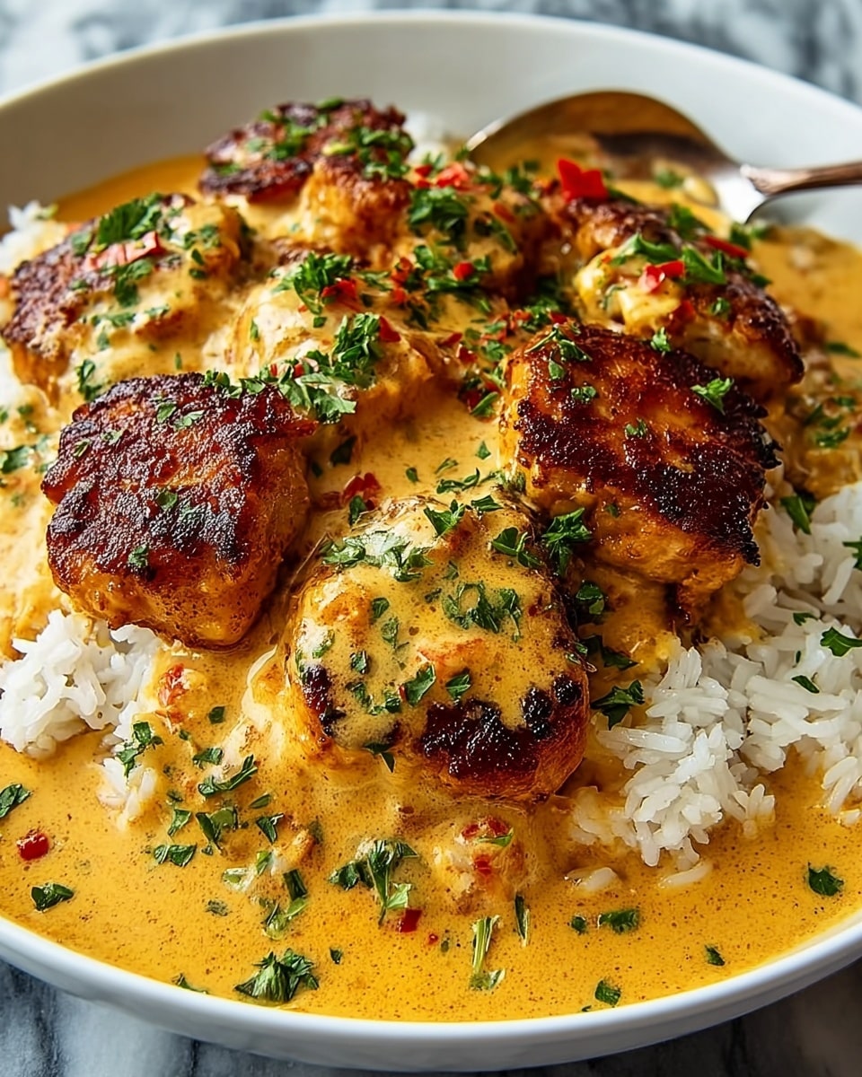 A close-up of a white shallow bowl filled with a layer of fluffy white rice at the bottom, topped with six pieces of golden-brown seared chicken with crispy edges. The chicken is covered in a rich creamy orange-yellow sauce with visible bits of red and green herbs sprinkled on top, creating a fresh look. The sauce pools around the rice, adding a smooth, saucy texture that blends with the grains below. Fresh chopped green herbs are scattered over the chicken and sauce, adding bright color contrast. A spoon rests in the bowl, partially submerged in the sauce, and the bowl is set on a white marbled surface. Photo taken with an iphone --ar 4:5 --v 7