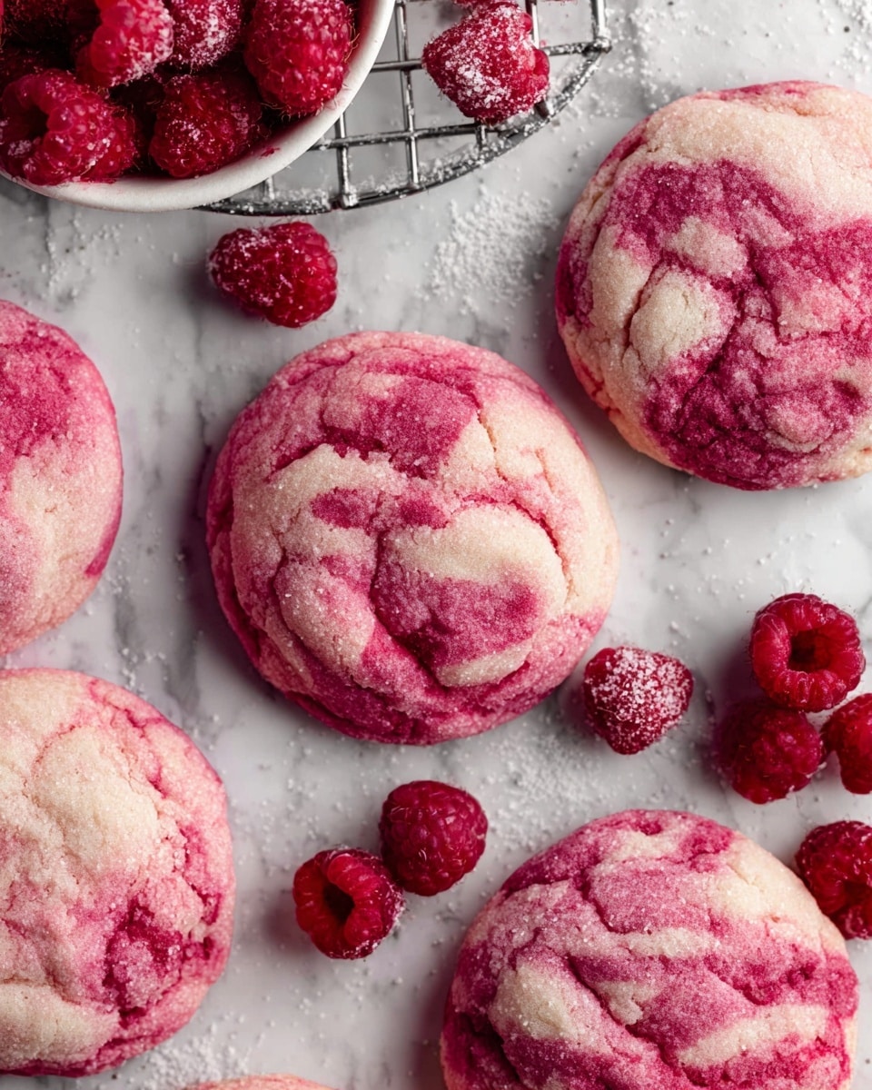 The image shows several round, soft-looking cookies with a pink and red marbled texture from mixed raspberries, arranged on a white marbled surface. Each cookie has a smooth, slightly crinkled top layer with visible swirls of deeper pink and red from the fruit, giving a mixed berry appearance. Around the cookies are scattered whole raspberries and some sugar, adding to the fresh and sweet look. Part of a wire cooling rack and a white bowl with frozen raspberries are visible on the edges, complementing the scene with extra texture and color contrast. photo taken with an iphone --ar 4:5 --v 7