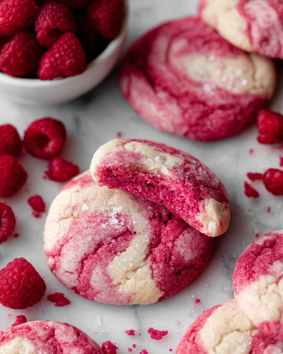 The image shows soft, round cookies with light pink and deep red swirls throughout their surface, giving them a marbled look. Each cookie is thick and has a slightly grainy texture with sugar crystals visible on top. One cookie in the center has a bite taken out of it, revealing a fluffy pink inside. Around the cookies, there are scattered pieces of bright red raspberries and a white bowl filled with more raspberries in the background. The cookies and bowl are set on a white marbled texture surface that adds a clean and fresh feel to the scene. photo taken with an iphone --ar 4:5 --v 7