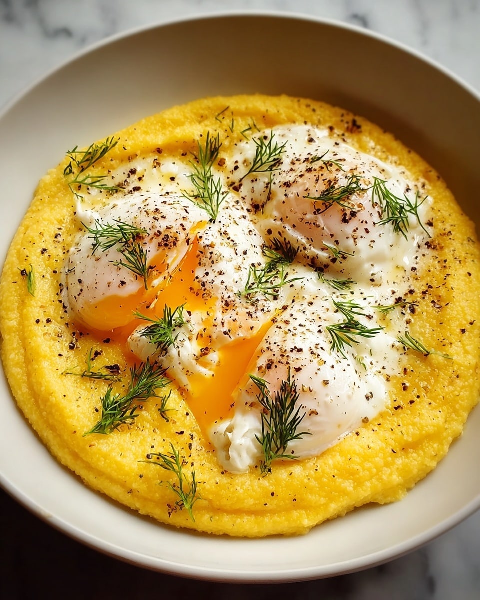 A white bowl holds a dish with a bright yellow, creamy polenta base spread evenly as the first layer. On top, there are three soft poached eggs with runny golden yolks partially covered by smooth white egg whites, arranged in a triangular shape. The eggs are sprinkled with coarse black pepper and small green dill herb sprigs scattered over the surface and yolks. The dish sits on a white marbled texture surface. photo taken with an iphone --ar 4:5 --v 7