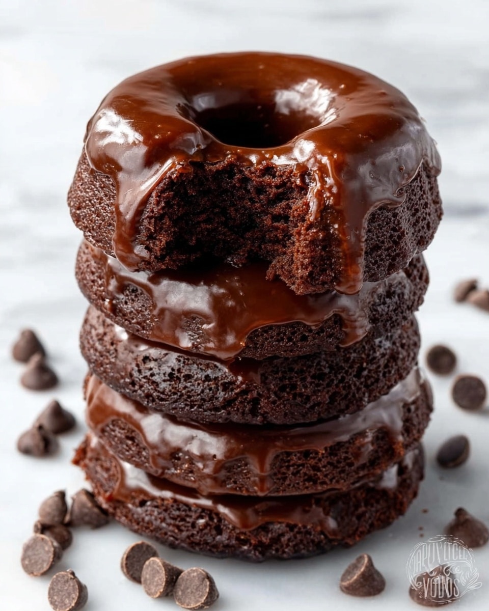 The image shows a stack of four small, dark chocolate cakes, each one glossy with a rich chocolate glaze. The cakes are round with a hole in the middle, like mini bundt cakes, with the top cake having a bite taken out of it, revealing a moist and dense inside of deep brown color. The glaze smoothly covers each cake, creating a shiny surface that reflects light. Scattered chocolate chips surround the stack on a white marbled surface. Photo taken with an iphone --ar 4:5 --v 7
