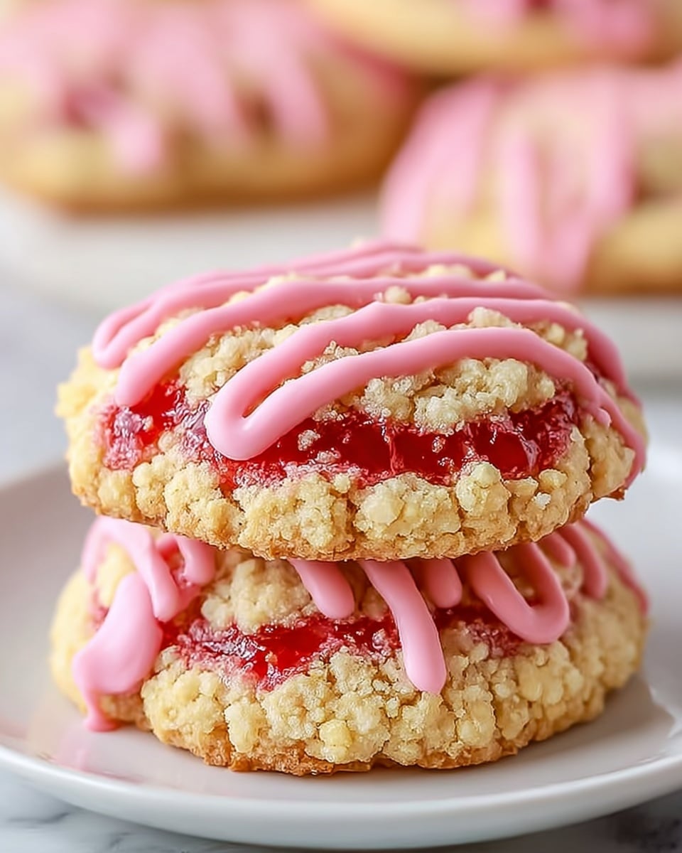 Two stacked cookies sit on a white plate, each cookie having a crumbly, golden-brown base texture. On top of the base is a middle layer filled with bright red jam, visible through the crumb topping which is light beige and slightly coarse. The top layer has thick zigzag stripes of glossy pink icing dripping gently over the crumb and jam, creating a vibrant contrast. The background shows a white marbled texture, soft and clean, with more cookies slightly blurred in the distance. photo taken with an iphone --ar 4:5 --v 7