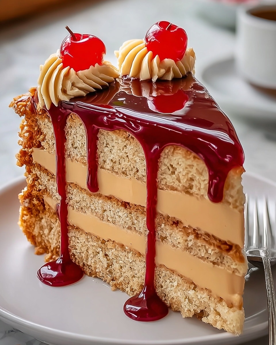 A small cake with three visible layers sits on a white plate over a white marbled surface. The bottom layer is a dark brown crumb base, topped by a thick middle layer of smooth light brown filling. The top layer is a shiny caramel glaze with dark chocolate dripping down the sides. On top, there are blackberries, raspberries, and chopped nuts arranged in the center, adding texture and color contrast. photo taken with an iphone --ar 4:5 --v 7