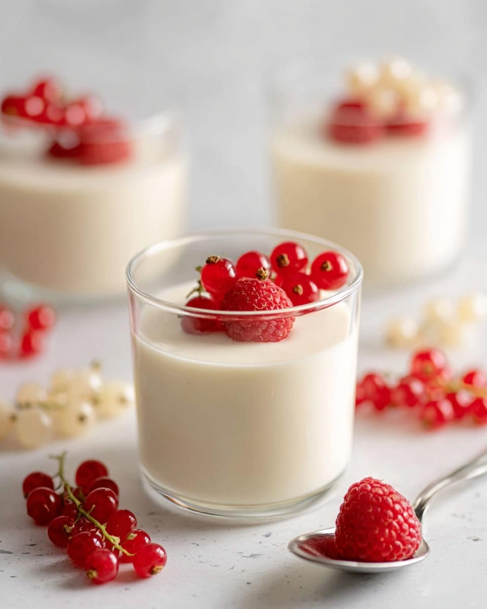 The image shows a clear glass filled with one smooth creamy white layer of panna cotta, topped with bright red raspberries and a small bunch of red currants. In the background, two more glasses with the same creamy white dessert are slightly out of focus, each also lightly decorated with red berries. Around the glass on a white marbled surface, there are scattered white and red currants, with a silver spoon holding one raspberry placed nearby. The soft lighting emphasizes the smooth texture of the panna cotta and the fresh look of the berries. photo taken with an iphone --ar 4:5 --v 7