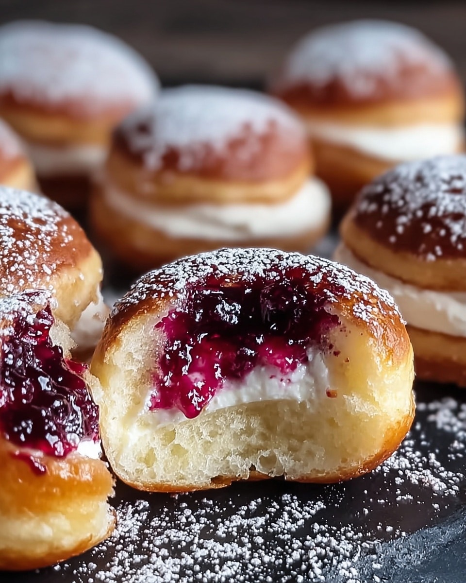 A close-up view of small round golden brown pastries with a light dust of white powdered sugar on top, each having a middle layer of thick, smooth white cream beneath a glossy, deep purple berry jam that looks sticky and rich, the pastries sit on a dark surface with one pastry in the front broken open showing three layers: a golden crust, creamy white center, and glossy berry jam on top. photo taken with an iphone --ar 4:5 --v 7
