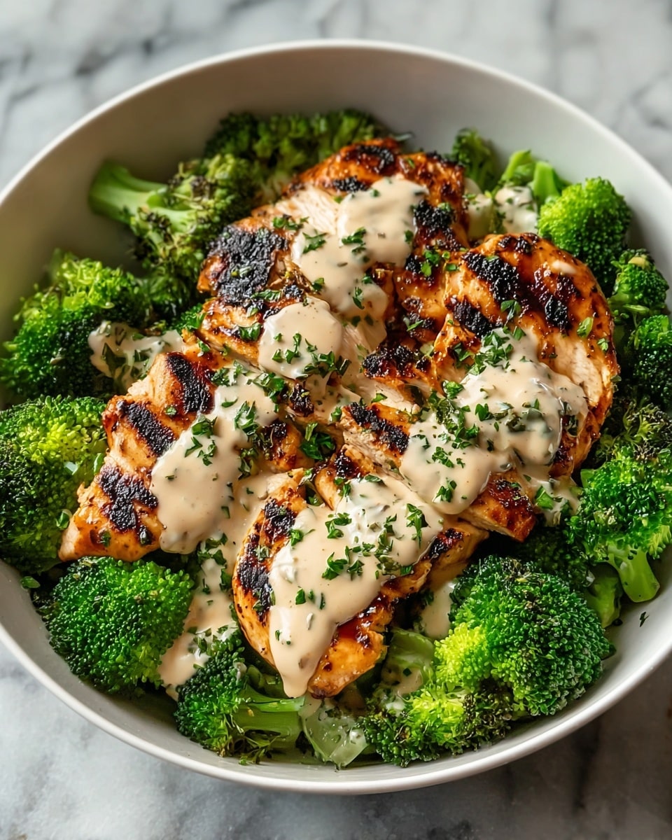 A white bowl filled with bright green broccoli pieces forms the bottom layer, creating a fresh and textured base. On top lies four grilled chicken breasts arranged side by side, each with crispy charred marks in dark brown and black, providing a contrast to the light pinkish-tan of the meat. Drizzled cream-colored sauce with herbs is spread unevenly over the chicken, adding a smooth, rich texture and a slight shine. Some finely chopped green herbs are sprinkled on top for extra color and freshness. The bowl sits on a white marbled surface with a soft, natural light highlighting the textures and colors. photo taken with an iphone --ar 4:5 --v 7