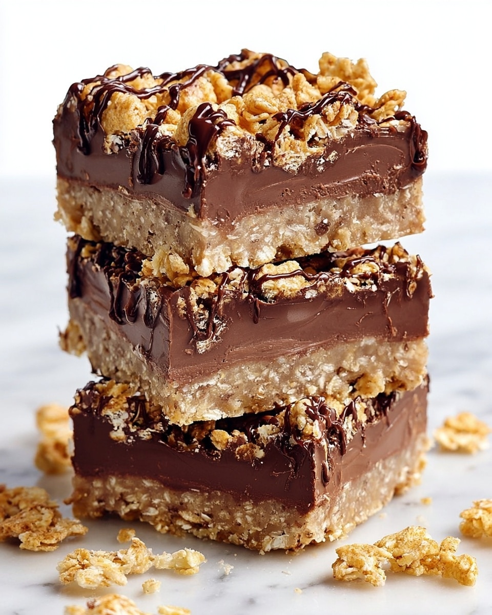 Three thick square bars stacked on top of each other, each bar showing three visible layers: a bottom layer of light beige oat mixture with a rough texture, a middle layer of smooth, rich dark chocolate filling, and a top layer of crunchy oat clusters drizzled with dark chocolate sauce that adds shine and contrast. The oat clusters on top are golden and crumbled around the base, scattered on a white marbled surface. The bars have clean, sharp edges and the chocolate filling looks creamy and dense inside. photo taken with an iphone --ar 4:5 --v 7