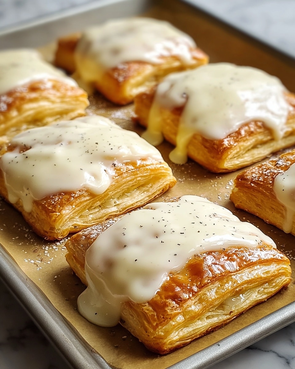 This image shows six square-shaped pastries arranged in two rows on a baking tray lined with parchment paper, with each pastry made of flaky golden-brown puff pastry layers visible on the edges. Each pastry is topped with thick, glossy, white icing that is spread unevenly, dripping slightly down the sides, with small dark specks sprinkled lightly on the icing. The background surface under the tray is a white marbled texture. photo taken with an iphone --ar 4:5 --v 7