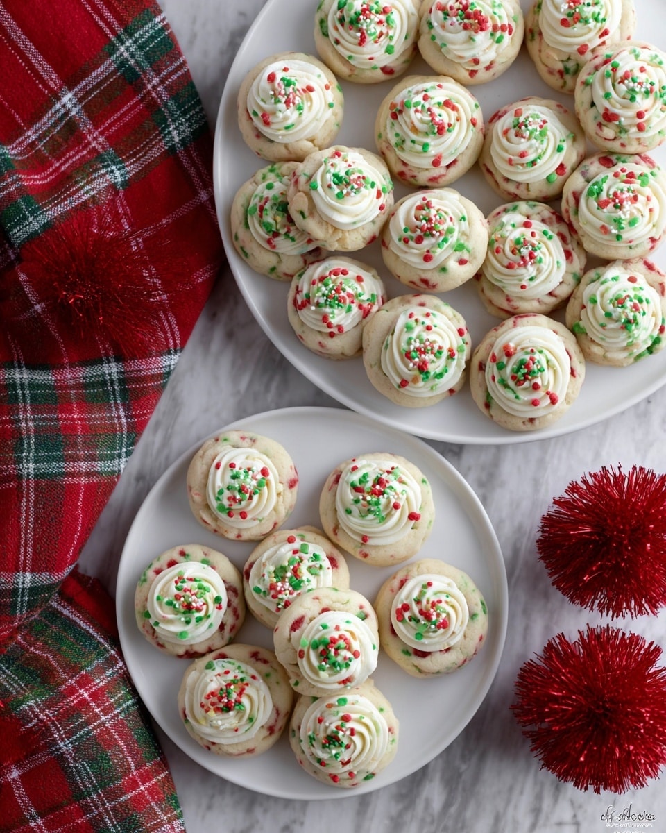 The image shows two white plates filled with small, round, festive cookies arranged neatly. Each cookie has a light beige base with red and green speckles baked into the dough, giving a colorful marbled effect. On top of each cookie is a swirl of white frosting, thick and creamy in texture, resembling soft ribbons. The frosting is decorated with tiny red and green sprinkles, adding a festive touch. The larger plate holds around 20 cookies, while the smaller plate has about 8, both placed on a white marbled textured surface with parts of a red and green plaid cloth visible nearby. Bright red pom-poms add extra holiday cheer to the background. Photo taken with an iphone --ar 4:5 --v 7