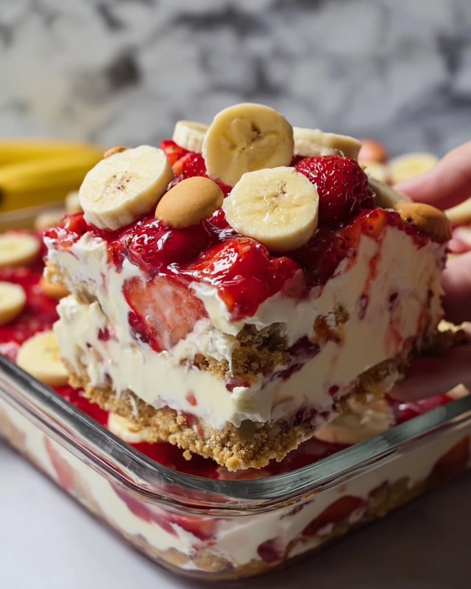 The image shows a close-up of a dessert with multiple layers in a clear glass dish. The bottom layer is crumbly and beige, likely crushed nuts or cookies. Above this is a thick creamy layer with visible chunks of strawberries and bananas mixed in. The next layer is a vibrant red strawberry sauce with whole strawberries embedded inside. On top is a thick dollop of creamy white filling, generously covered with banana slices, strawberries, and small round beige cookies scattered across. A woman's hand is holding the dish slightly from the side. The background features a white marbled texture surface, adding brightness. Photo taken with an iphone --ar 4:5 --v 7