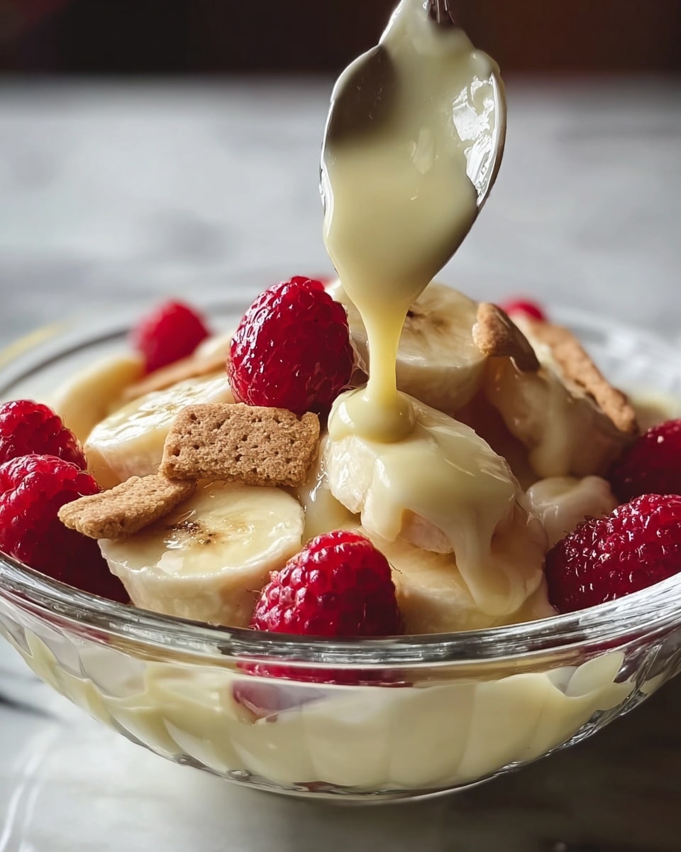 A close-up of a dessert bowl shows three main layers: the bottom layer appears to be creamy vanilla pudding with a smooth texture and pale yellow color; on top are fresh banana slices that are light yellow with soft textures, arranged in a mound; scattered around and on top of the bananas are bright red raspberries and small pieces of light brown crunchy cookie. A spoon is pouring a thick, shiny cream sauce over the bananas, adding gloss and richness to the dish. The bowl is clear glass, and the surface is a white marbled texture. photo taken with an iphone --ar 4:5 --v 7