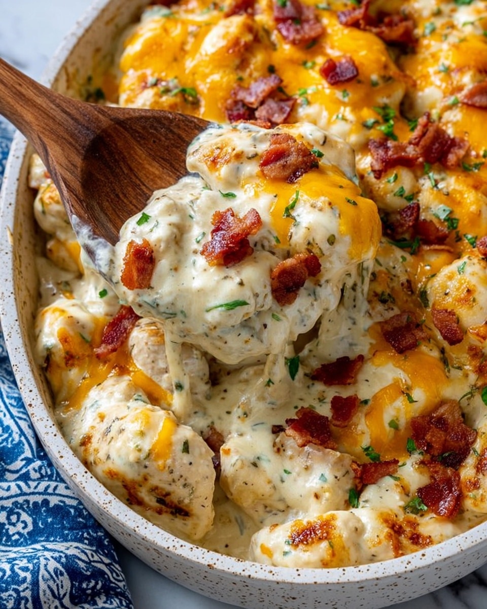 A close-up of a creamy casserole dish with a thick layer of melted cheddar cheese on top, golden yellow with some browned spots. Underneath, chunks of white chicken breast are covered in a rich, creamy white sauce with green herb flecks. Bits of crispy bacon in reddish-brown tones are scattered on the top and around the chicken, adding texture. There is a wooden spoon scooping a portion, showing the creamy sauce dripping. The dish is in a white speckled baking dish placed on a white marbled surface with a blue patterned cloth partially visible. Photo taken with an iphone --ar 4:5 --v 7