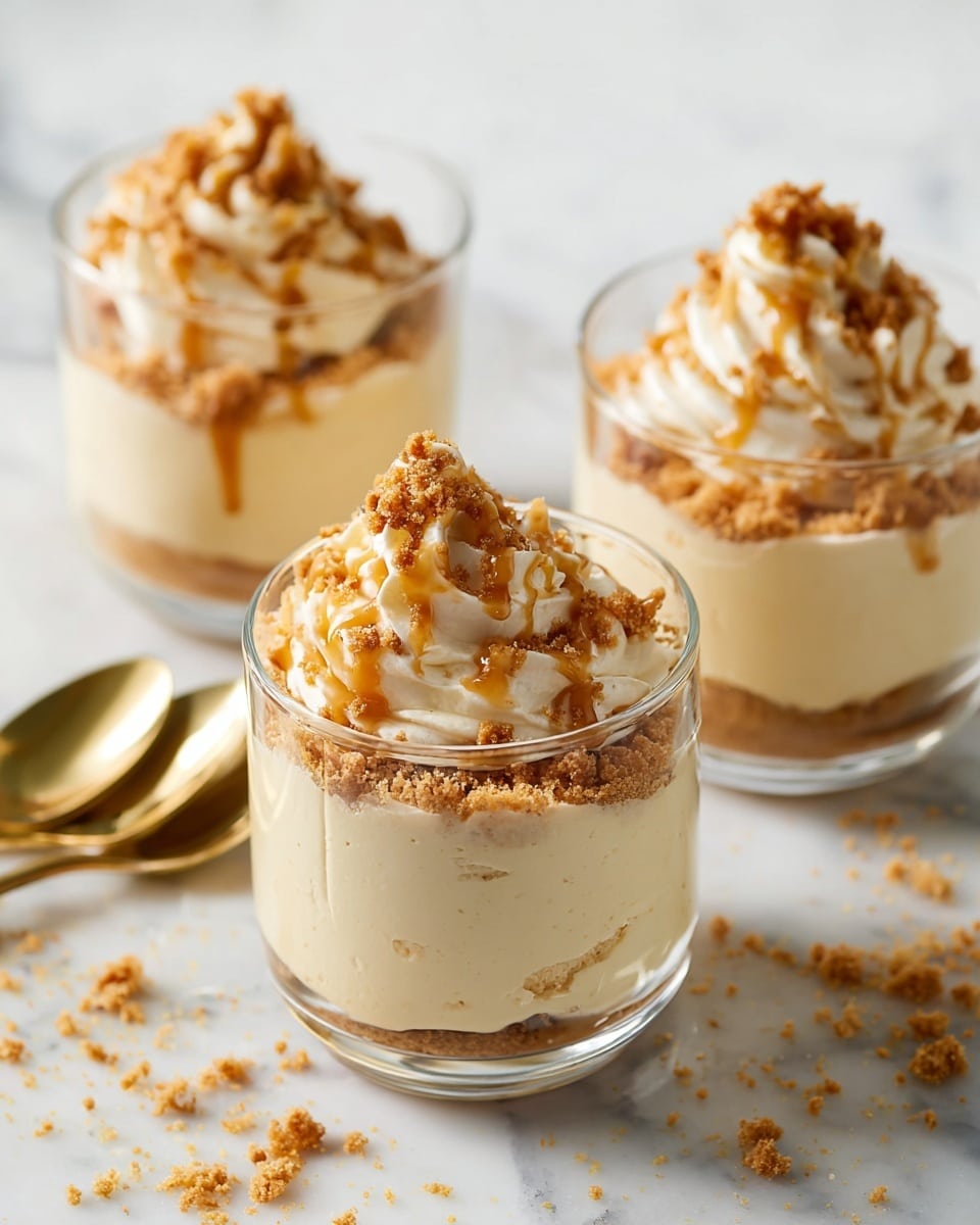 The image shows three clear glass cups filled with a creamy, light beige dessert. Each cup has two visible layers: the bottom layer is smooth and solid cream, while the top layer is a swirl of whipped cream sprinkled with crumbly brown pieces. Drizzled over the whipped cream is a light caramel sauce that adds a shiny texture. The cups are placed on a white marbled surface, with some crumbs scattered around and two gold spoons partially visible in the background. Photo taken with an iphone --ar 4:5 --v 7