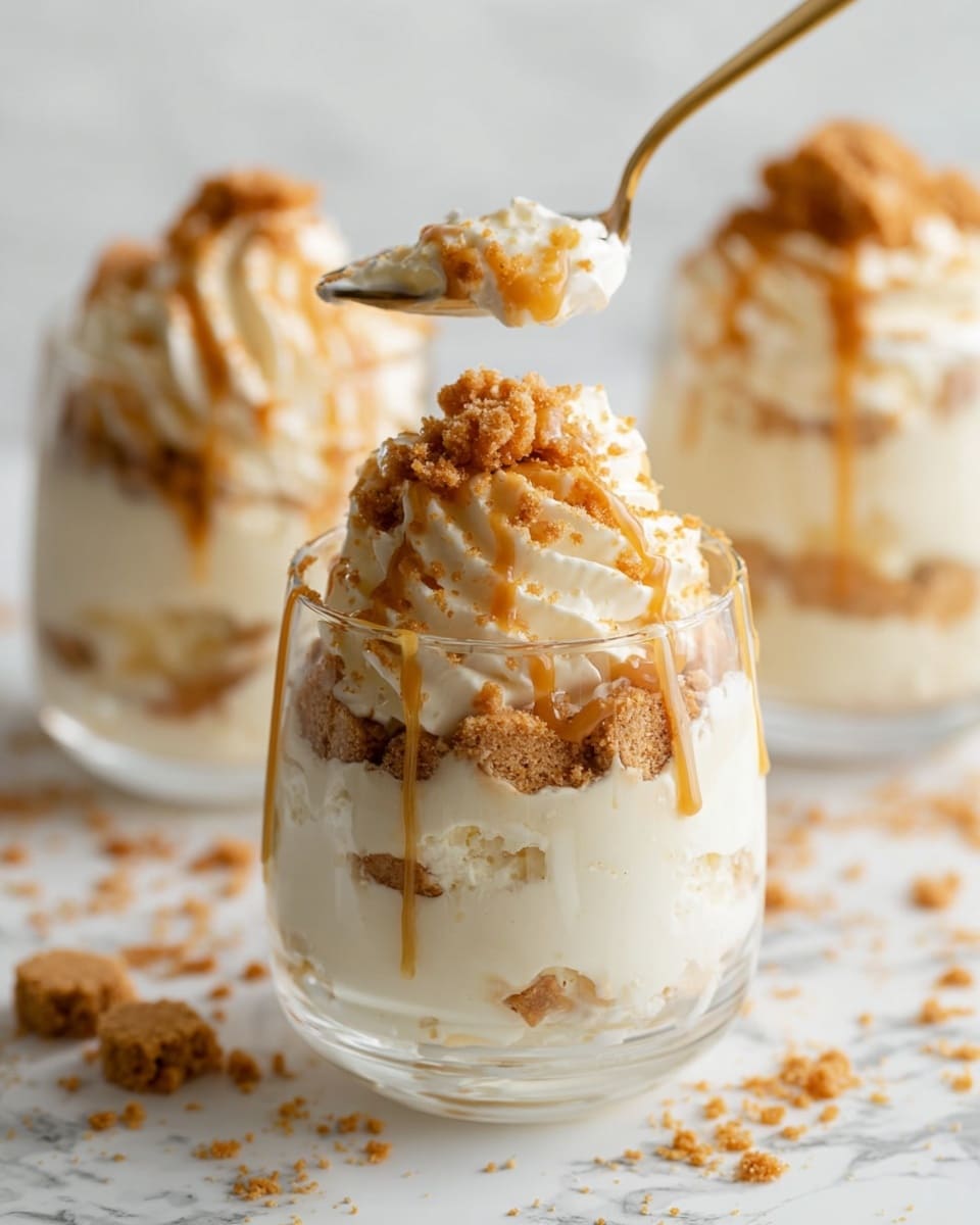 The image shows a clear glass filled with creamy white whipped dessert layered with crumbled light brown cookie pieces, creating a textured look inside. On top, there is a large dollop of the whipped cream with more cookie crumbs sprinkled over it and drizzled with a light caramel sauce. A gold spoon scoops a portion of the dessert, held above the glass. In the background, two more similar glasses with the same dessert are visible, all placed on a white marbled surface with scattered cookie crumbs around. photo taken with an iphone --ar 4:5 --v 7