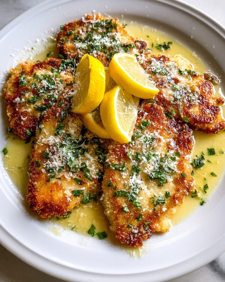 A white plate holds five golden-brown breaded fillets with a crispy texture, topped with finely chopped green herbs and grated white cheese. The fillets rest in a pool of light yellow butter sauce that glistens around them. Positioned on top of the fillets near the center of the plate are three thin, bright yellow lemon slices, adding a pop of color. The dish is set against a soft white marbled background, enhancing the warm tones and fresh green details of the food. photo taken with an iphone --ar 4:5 --v 7