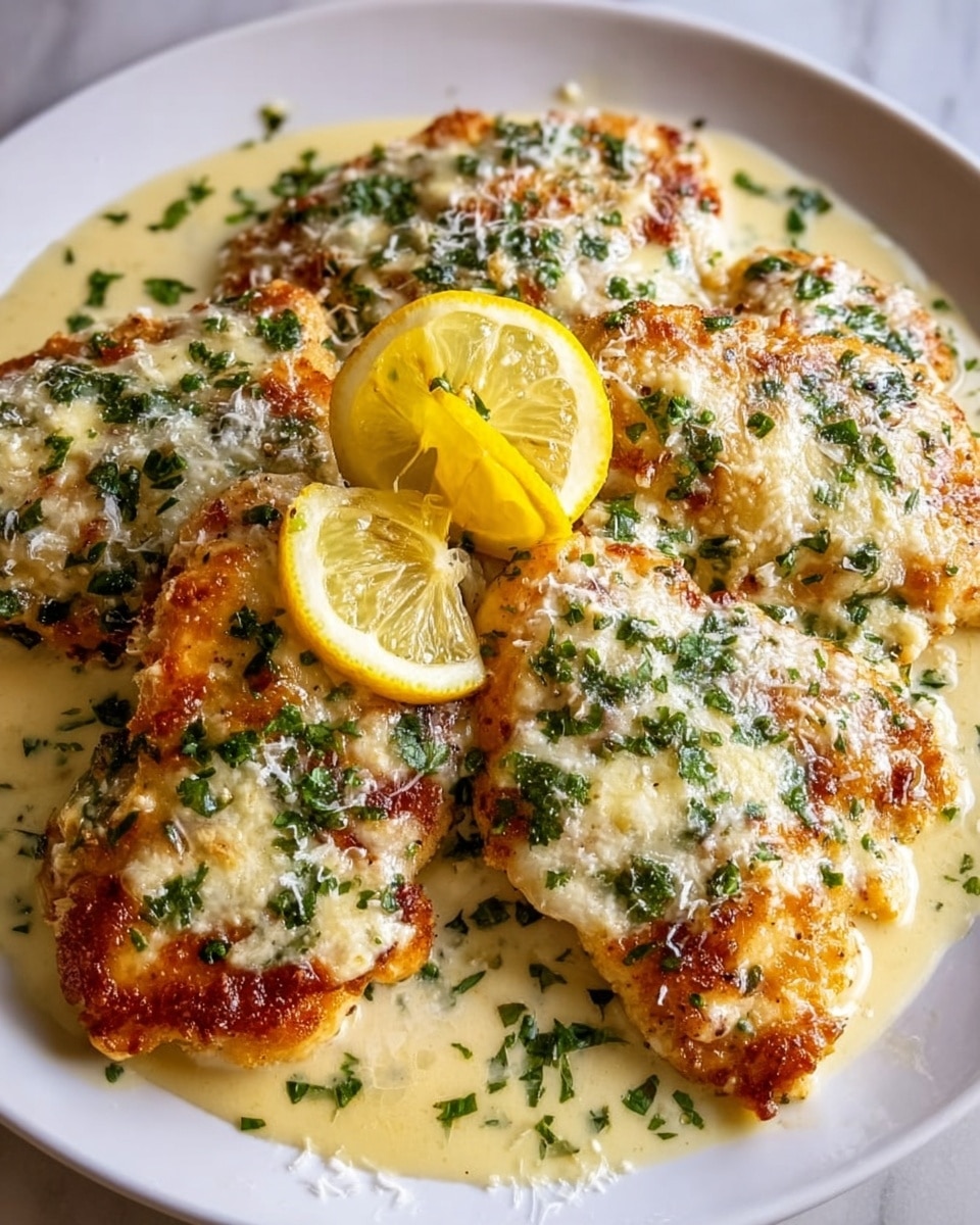 A white plate holds four pieces of golden-brown cooked chicken breast covered with melted white cheese sprinkled with finely chopped green herbs. The chicken sits in a light creamy sauce that pools around the edges of the pieces. Two thin, fresh yellow lemon slices are placed neatly on top of the chicken in the center. The white plate is set on a white marbled surface with soft light highlighting the textures of the chicken and sauce. photo taken with an iphone --ar 4:5 --v 7
