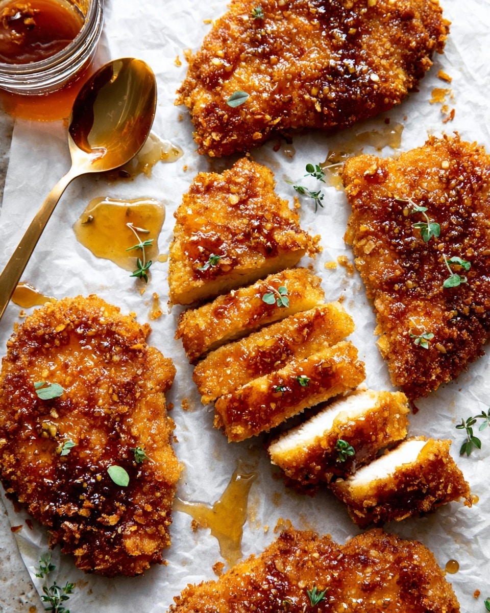 The image shows several pieces of crispy fried chicken on white parchment paper over a white marbled surface. Each piece is thickly breaded with a golden, crunchy coating, some parts glistening with a shiny honey-like glaze. One large piece is cut into strips, revealing juicy, white meat inside with a neat, golden crust on the outside. Small green herb leaves are scattered over the chicken, adding a fresh touch. There is a small glass jar filled with amber honey glaze near the top left, and a golden spoon rests beside the chicken with some glaze on it. Small drops of glaze are spread around the chicken, enhancing the glossy look. photo taken with an iphone --ar 4:5 --v 7