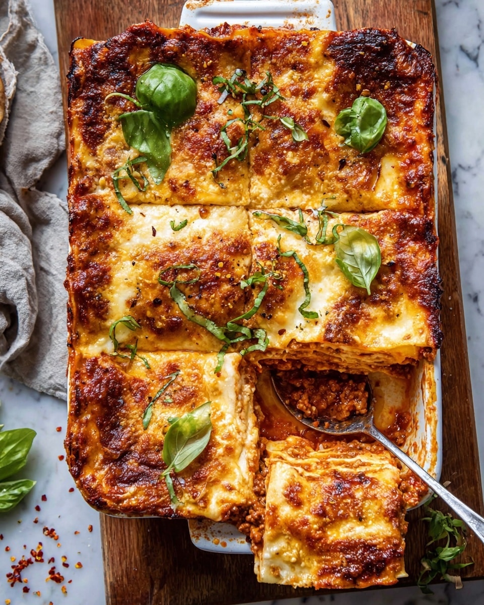 A white rectangular baking dish holds a rich, layered lasagna cut into six portions, with one piece slightly pulled out, showing multiple layers: a golden-browned, bubbly melted cheese topping with crispy edges, a thick layer of tomato sauce mixed with ground meat beneath, and soft pale pasta sheets between, garnished with fresh green basil leaves scattered on top. A large metal spoon rests in the corner of the dish, coated with tomato sauce. The dish sits on a wooden board on a white marbled surface with some scattered red pepper flakes and basil leaves around. Photo taken with an iphone --ar 4:5 --v 7