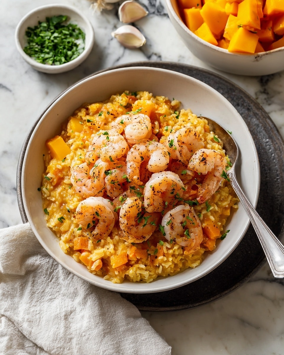 A white bowl filled with two layers: the bottom layer is creamy, orange-colored rice mixed with small chunks of bright orange vegetables, topped with a neat pile of pink, cooked shrimp seasoned with black pepper and small green herb pieces sprinkled on top; a silver spoon rests inside the bowl on the right side. The bowl sits on a dark plate over a white marbled background, with a small white bowl of chopped green herbs nearby and a white cloth in the bottom left corner. In the background, there is a white bowl filled with large, bright orange chunks of fruit and some garlic cloves scattered around. Photo taken with an iphone --ar 4:5 --v 7